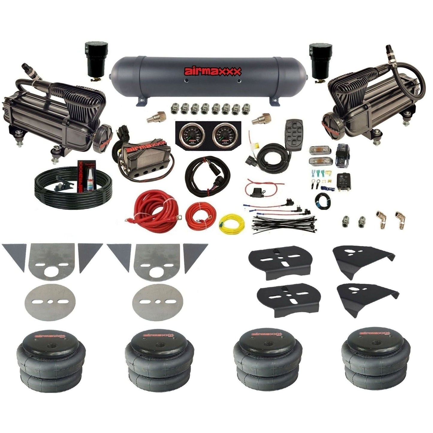 airmaxxx complete mini truck air ride kit with x-series compressor aluminum tank with 2500 bags gauges and fittings KTOR-XB2-57ABK-X4X7-X7R-WK-HF