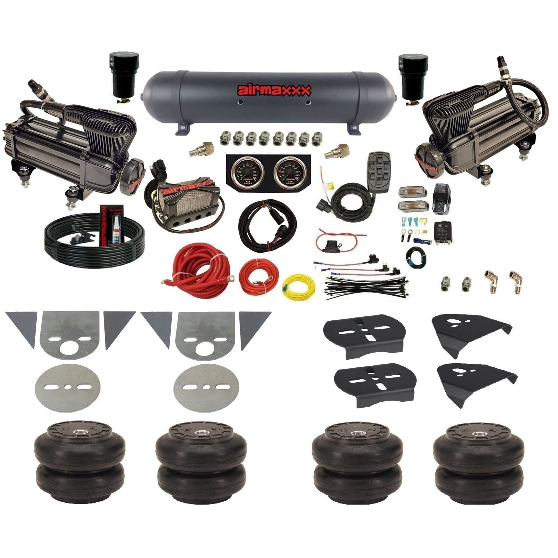 airmaxxx complete mini truck air ride kit with x-series compressor aluminum tank with slam bags gauges and fittings KTOR-XB2-57ABK-X4X7-X7R-WK-HFSS6