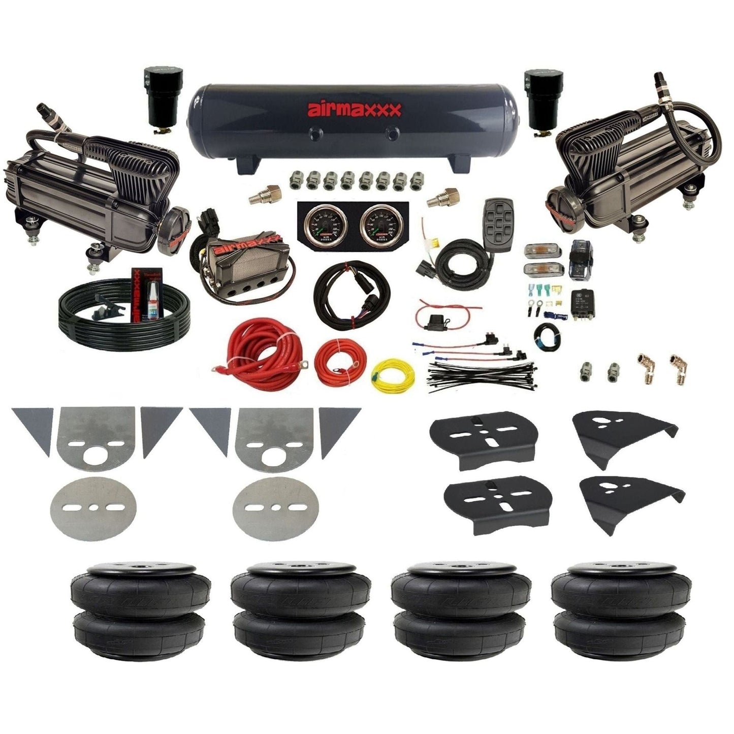 airmaxxx complete mini truck air ride kit with x-series compressor steel tank with air lift bags gauges and fittings KTOR-XB2-57S-X4X7-X7R-WK-HFD25