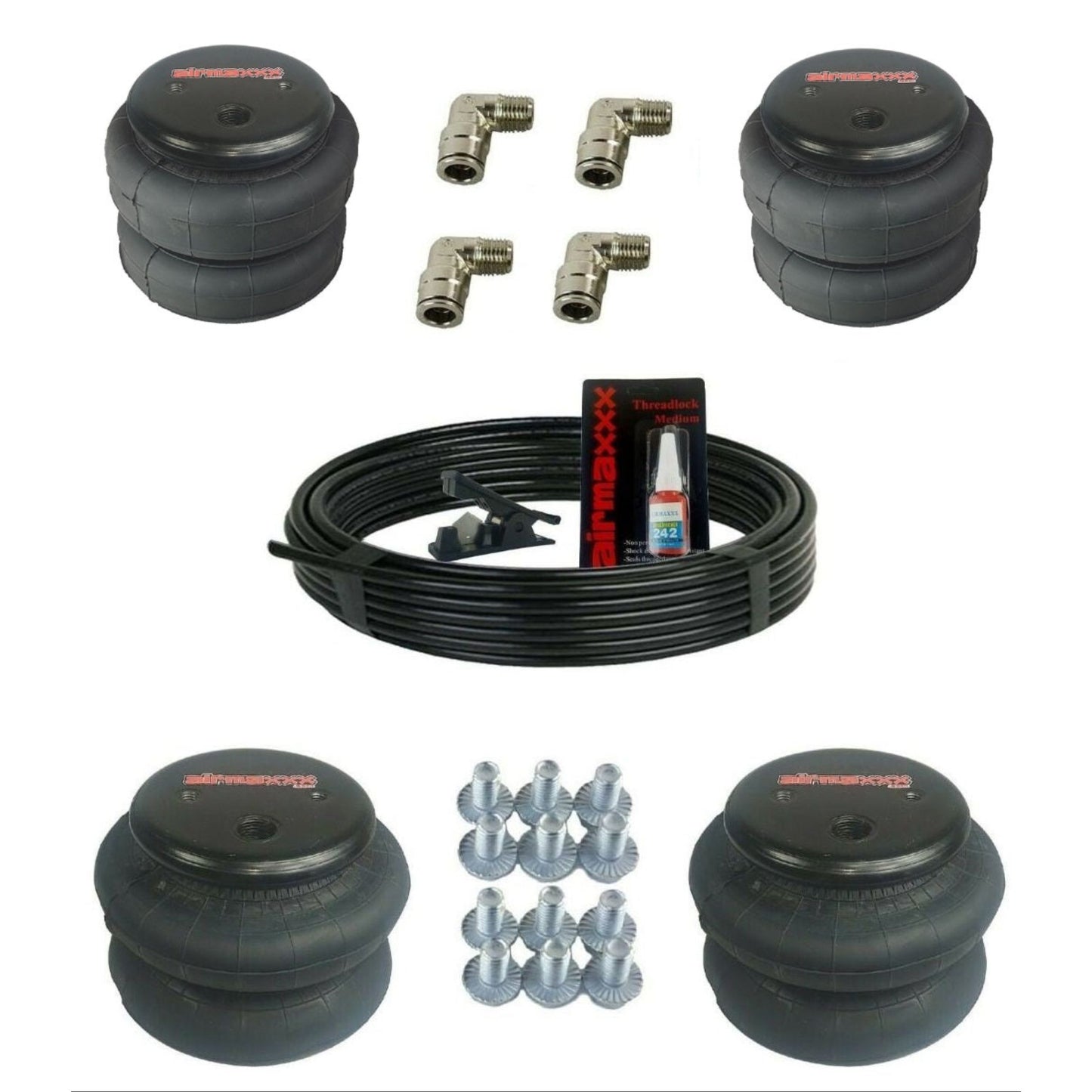 airmaxxx double convoluted 2500 and 2600 lb air springs w/elbow fittings and air hose