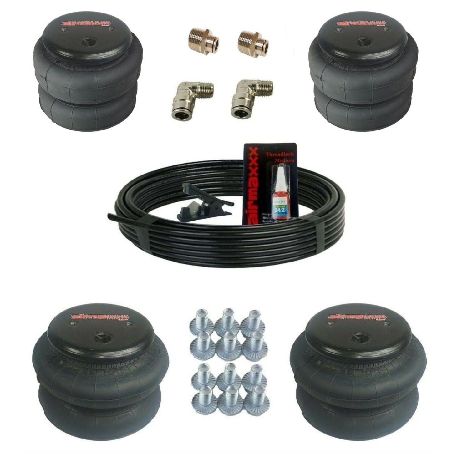 airmaxxx double convoluted 2500 and 2600 lb air springs w/straight & elbow fittings and air hose