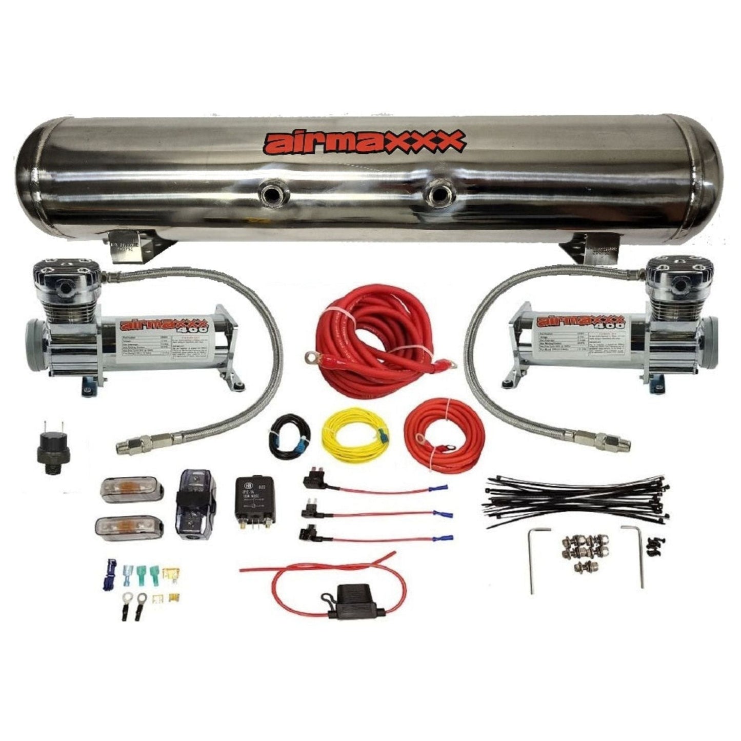 airmaxxx dual 400 chrome air compressors with wire install kit & stainless steel tank 7 port