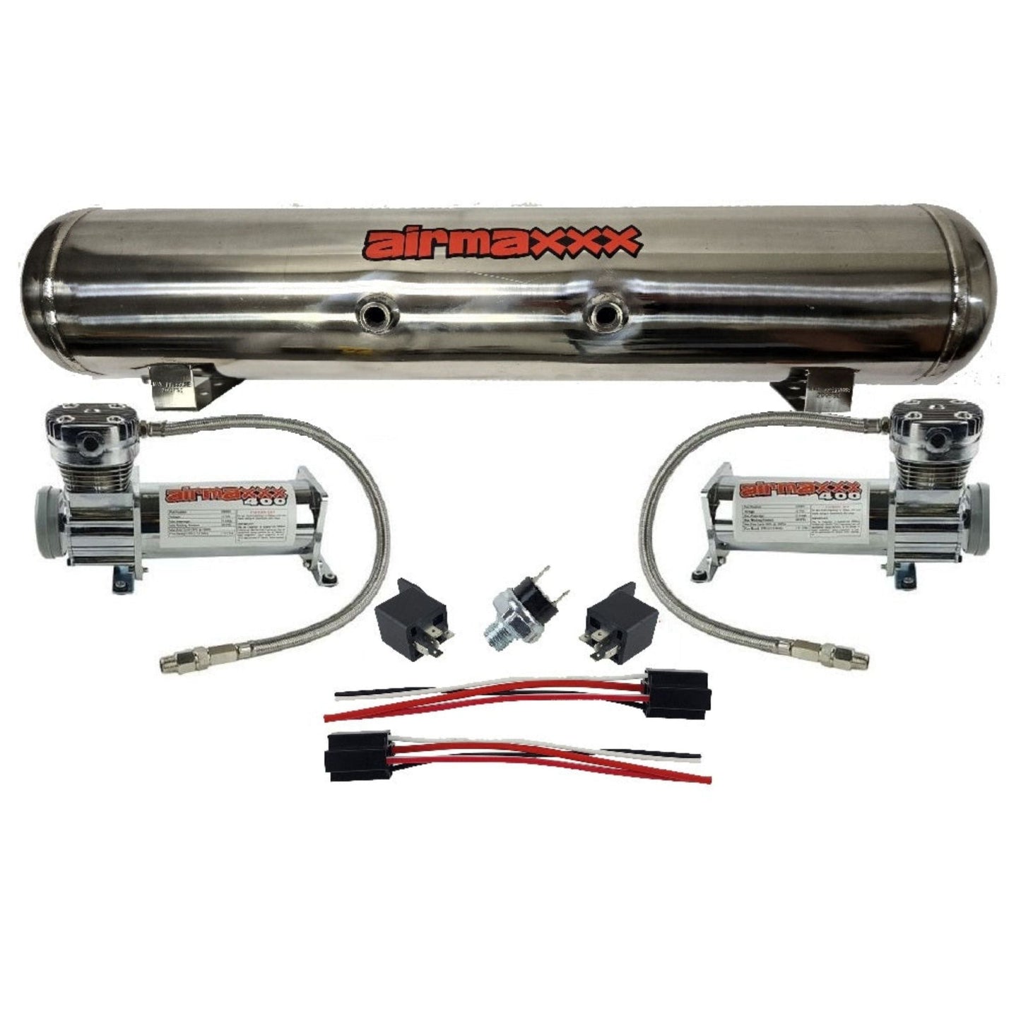 airmaxxx dual 400 chrome compressors with 5 gallon 7 port stainless steel tank