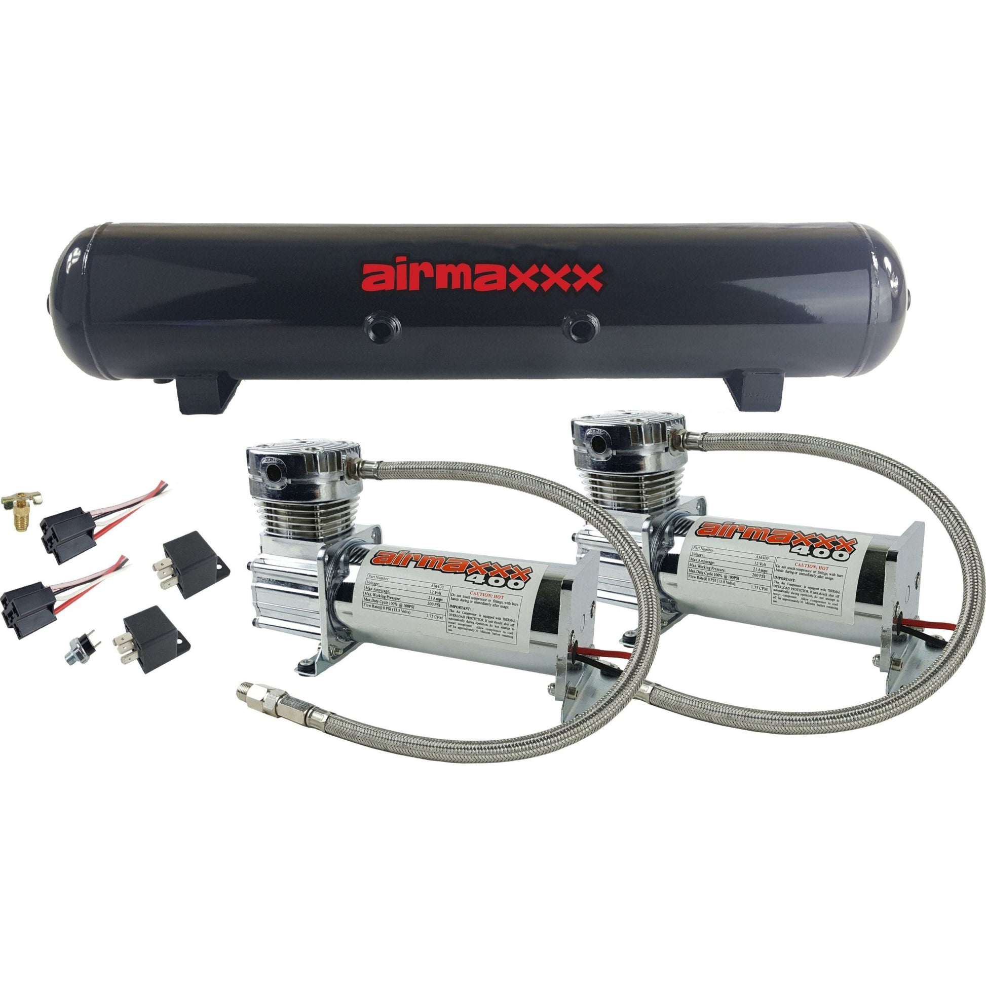 airmaxxx dual 400 chrome compressors with 5 gallon 7 port steel air tank