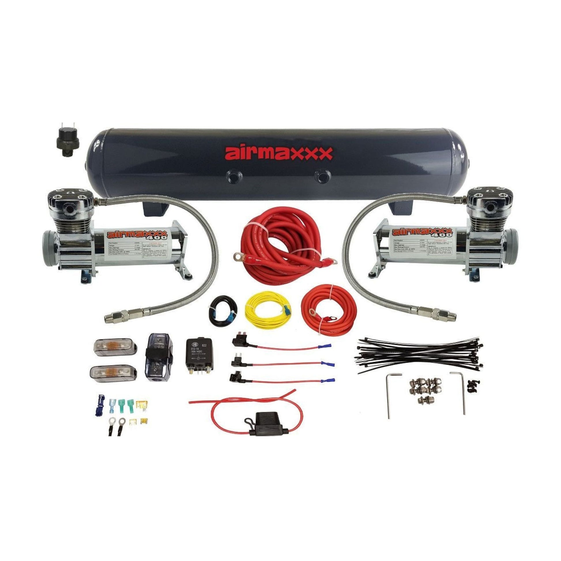 airmaxxx dual 400 chrome compressors with 5 gallon 7 port steel air tank w/wire kit
