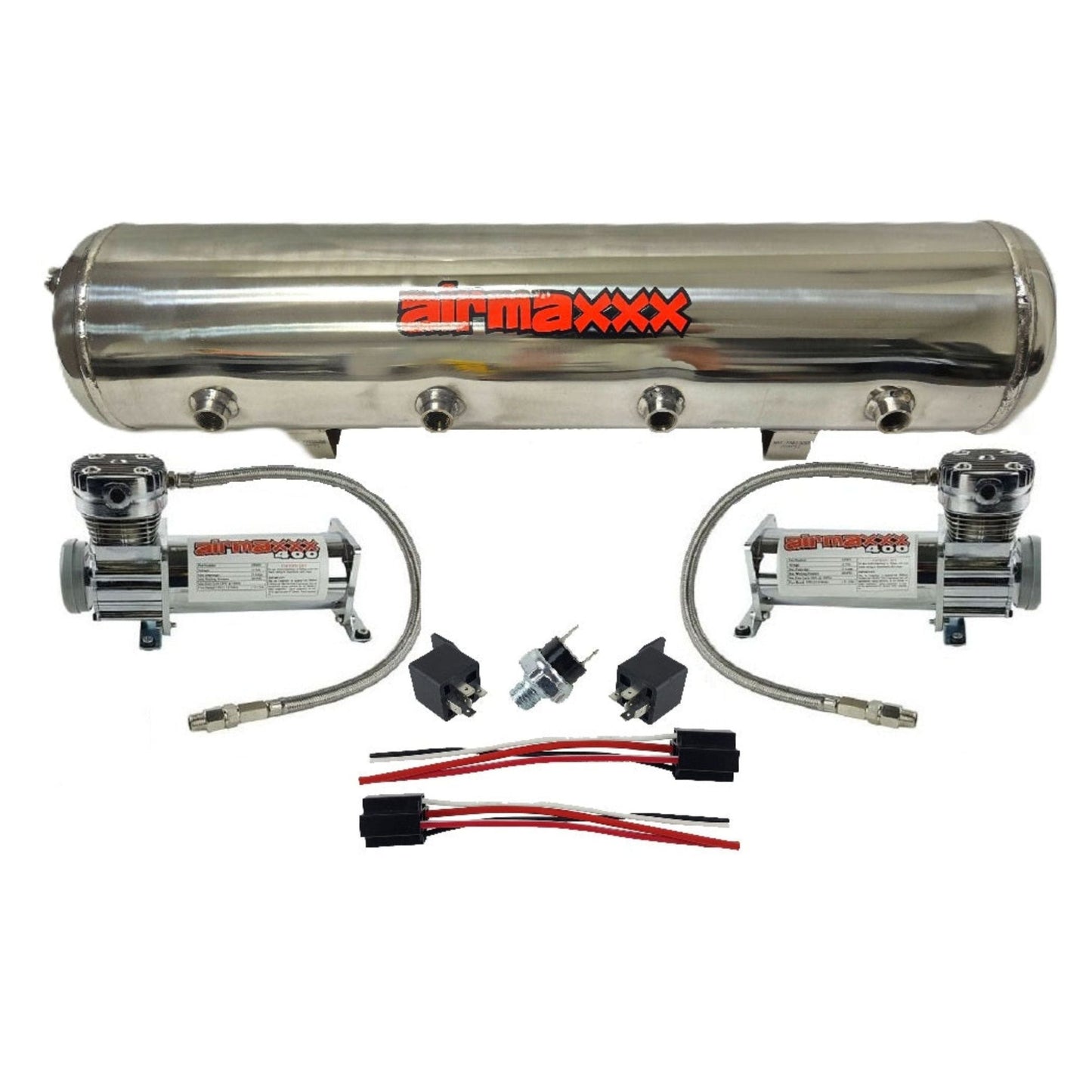 airmaxxx dual 400 chrome compressors with 5 gallon 9 port stainless steel tank