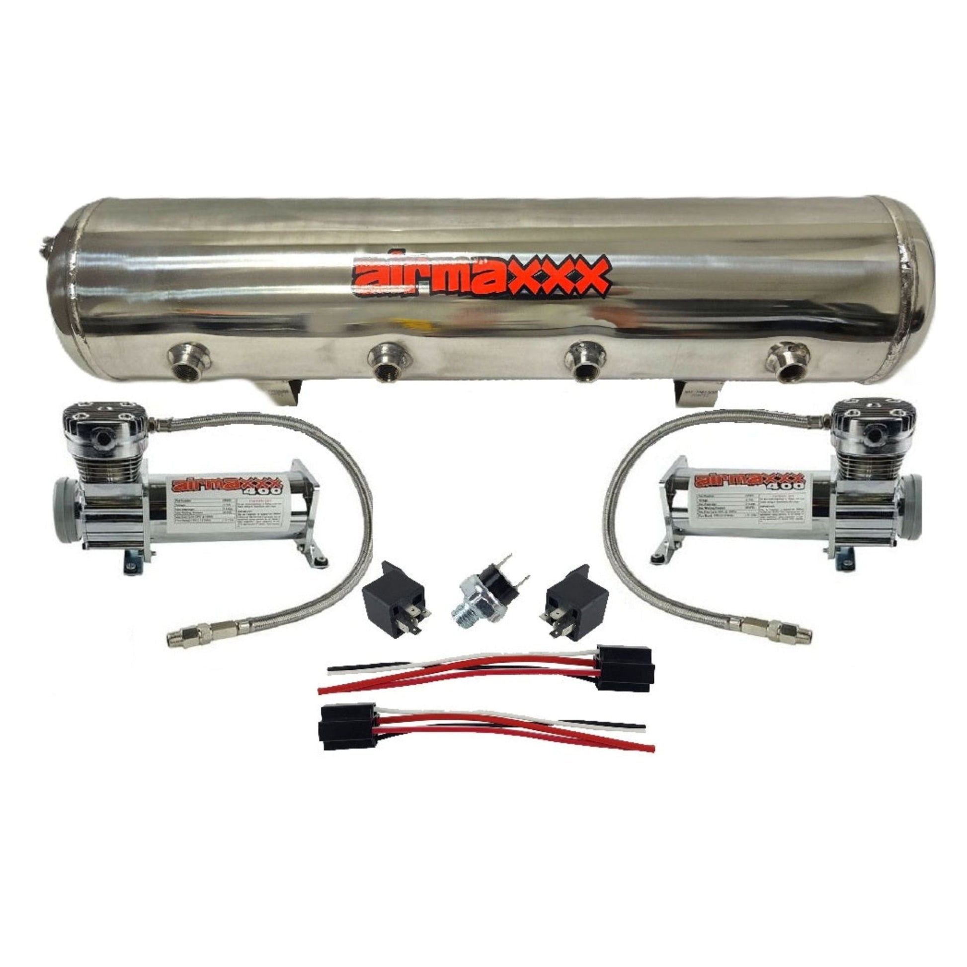 airmaxxx dual 400 chrome compressors with 5 gallon 9 port stainless steel tank