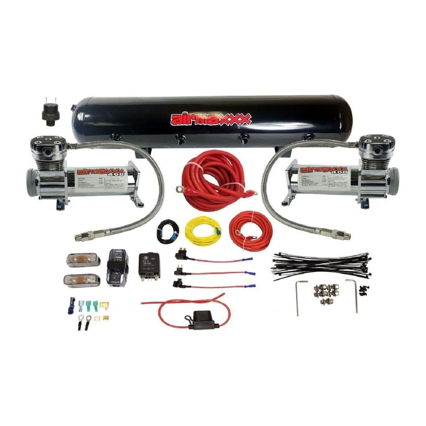 airmaxxx dual 400 chrome compressors with 5 gallon 9 port steel air tank w/wire kit