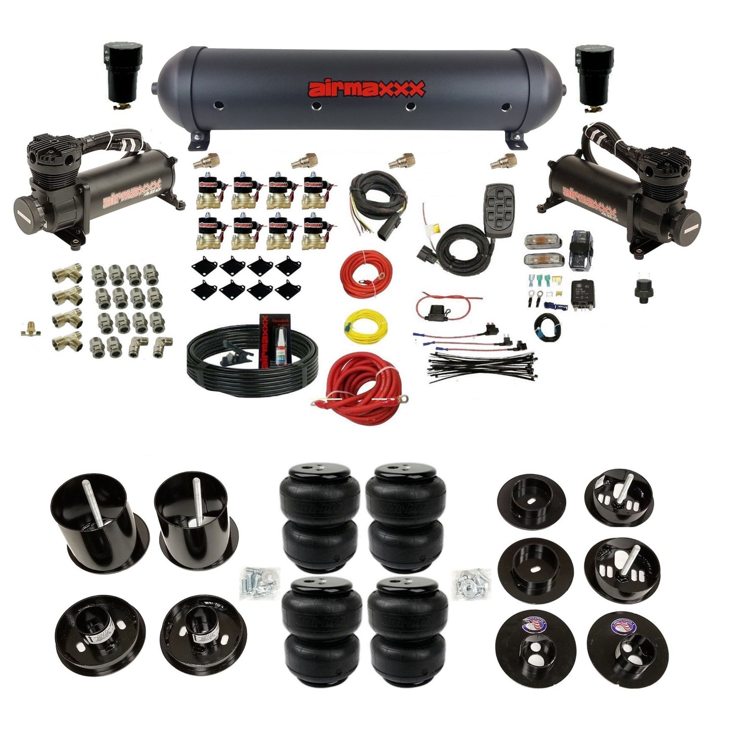 airmaxxx dual 480 black compressors with 5 gallon aluminum air tank Air Lift bags and brackets for install KCAD65-480B2-838-59ABK-7BK-WK-HFD25