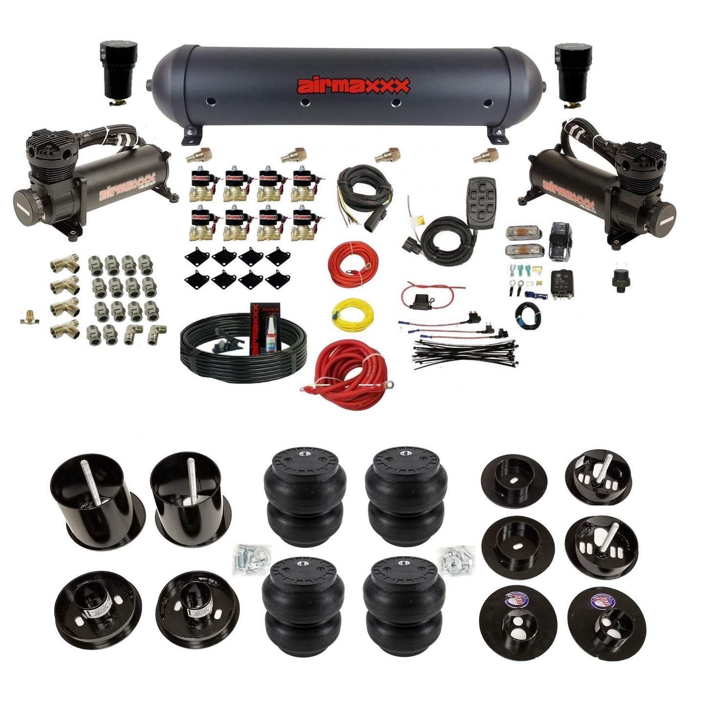 airmaxxx dual 480 black compressors with 5 gallon aluminum air tank Slam bags and brackets for install KCAD65-480B2-838-59ABK-7BK-WK-HFSS7