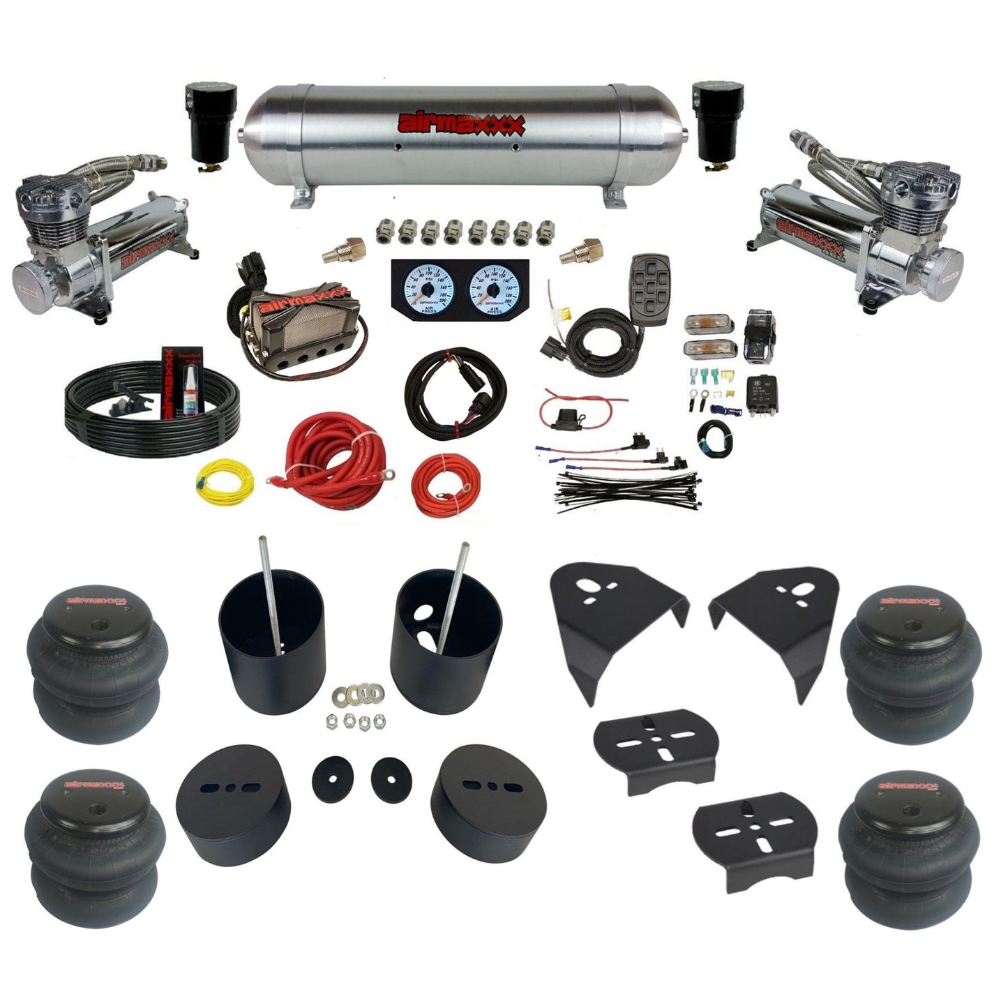 airmaxxx dual 480 chrome air compressors aluminum tank X4 manifold w/2500 bags & brackets KGM99-480C2-57ARW-X4X7-WK-HF