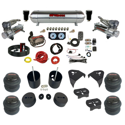 airmaxxx dual 480 chrome air compressors aluminum tank X4 manifold w/2500 bags & brackets KGM99-480C2-57ARW-X4X7-WK-HF