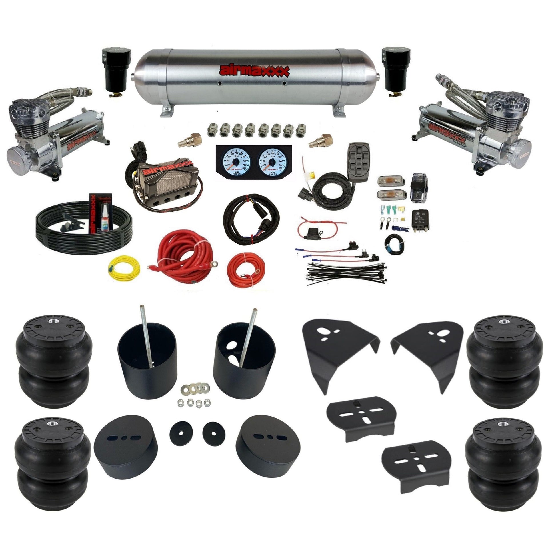 airmaxxx dual 480 chrome air compressors aluminum tank X4 manifold w/Slam bags & brackets KGM99-480C2-57ARW-X4X7-WK-HFSS7