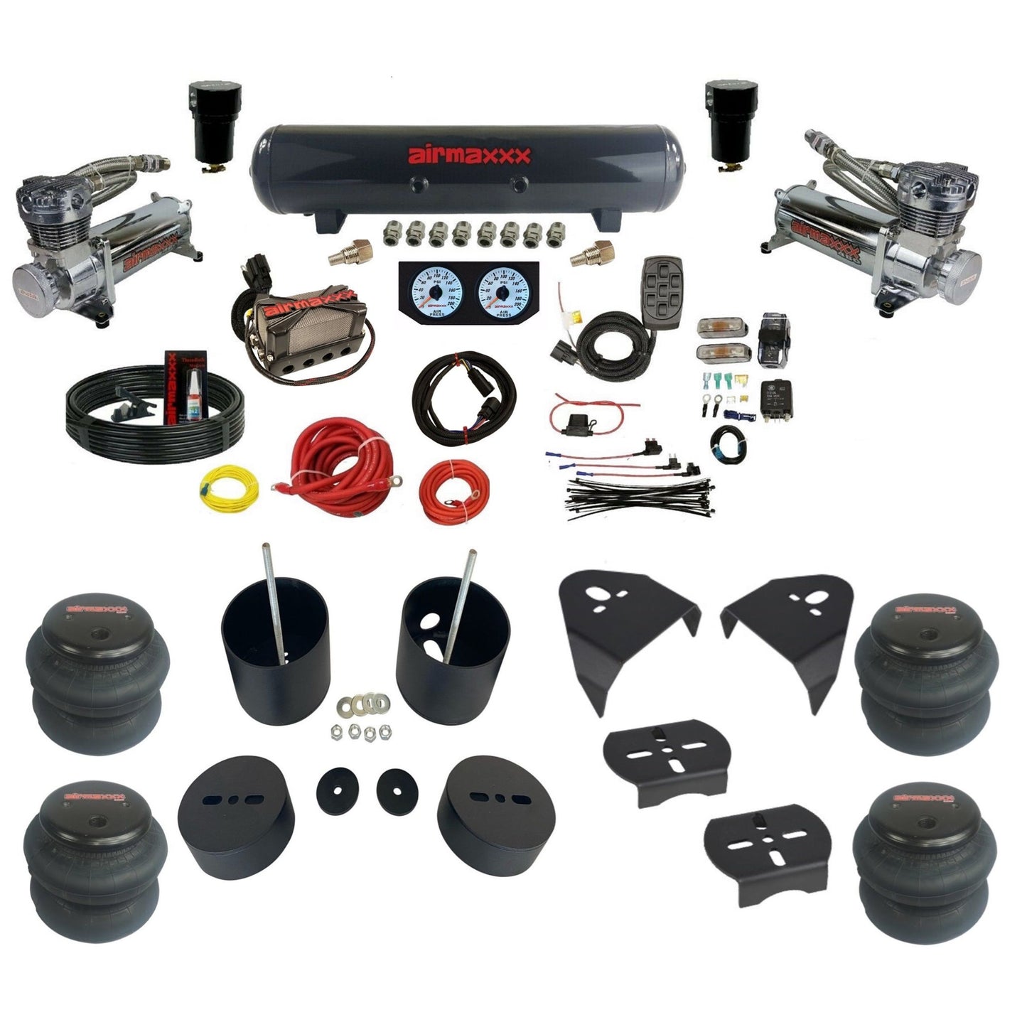 airmaxxx dual 480 chrome air compressors steel tank X4 manifold w/2500 bags & brackets KGM99-480C2-57S-X4X7-WK-HF