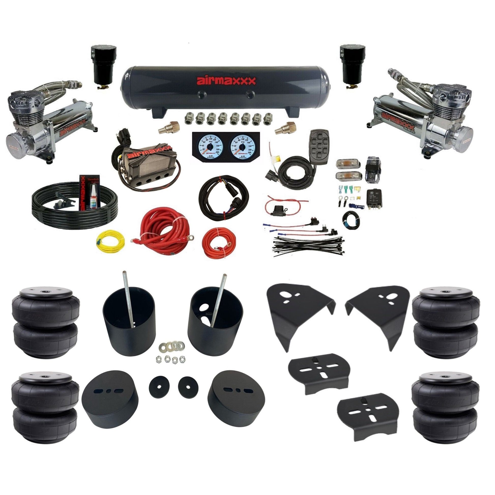 airmaxxx dual 480 chrome air compressors steel tank X4 manifold w/Air Lift bags & brackets KGM99-480C2-57S-X4X7-WK-HFD26