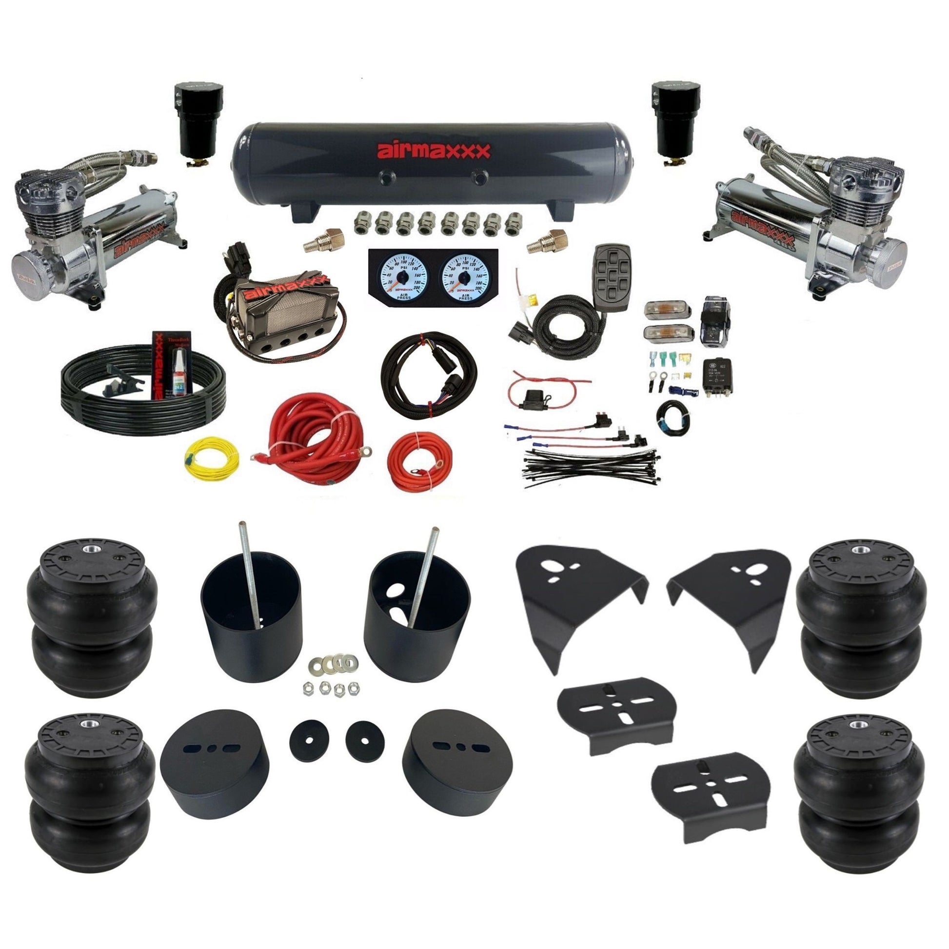 airmaxxx dual 480 chrome air compressors steel tank X4 manifold w/Slam bags & brackets KGM99-480C2-57S-X4X7-WK-HFSS7