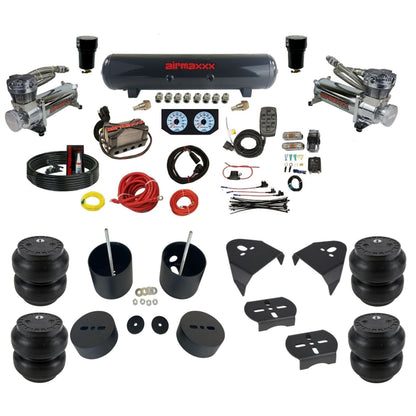 airmaxxx dual 480 chrome air compressors steel tank X4 manifold w/Slam bags & brackets KGM99-480C2-57S-X4X7-WK-HFSS7