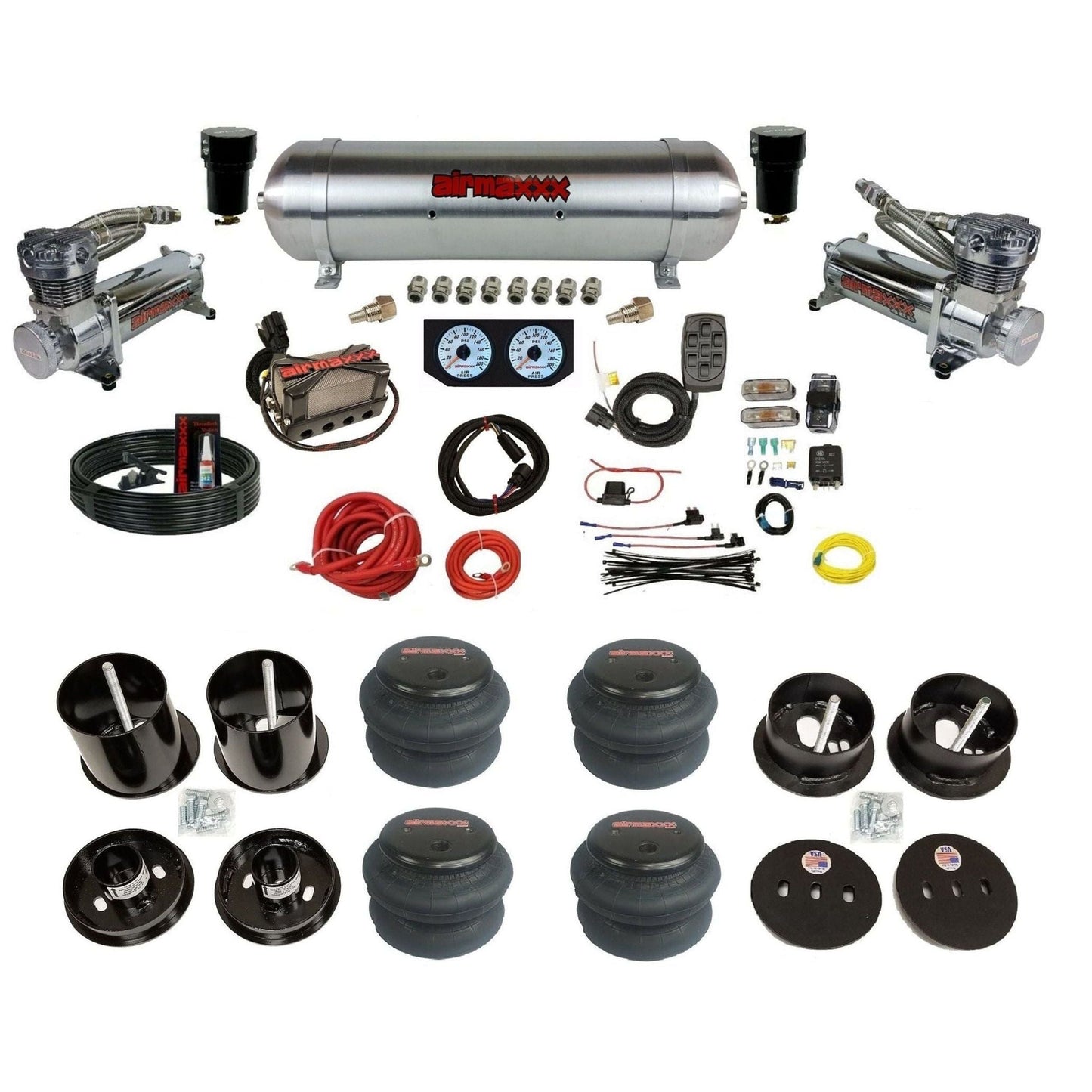 airmaxxx dual 480 chrome compressors with aluminum tank and 2600 bags fits 1963-64 Cadillac air ride suspension kit  KCAD63-480C2-57ARW-X4X7-WK-HF