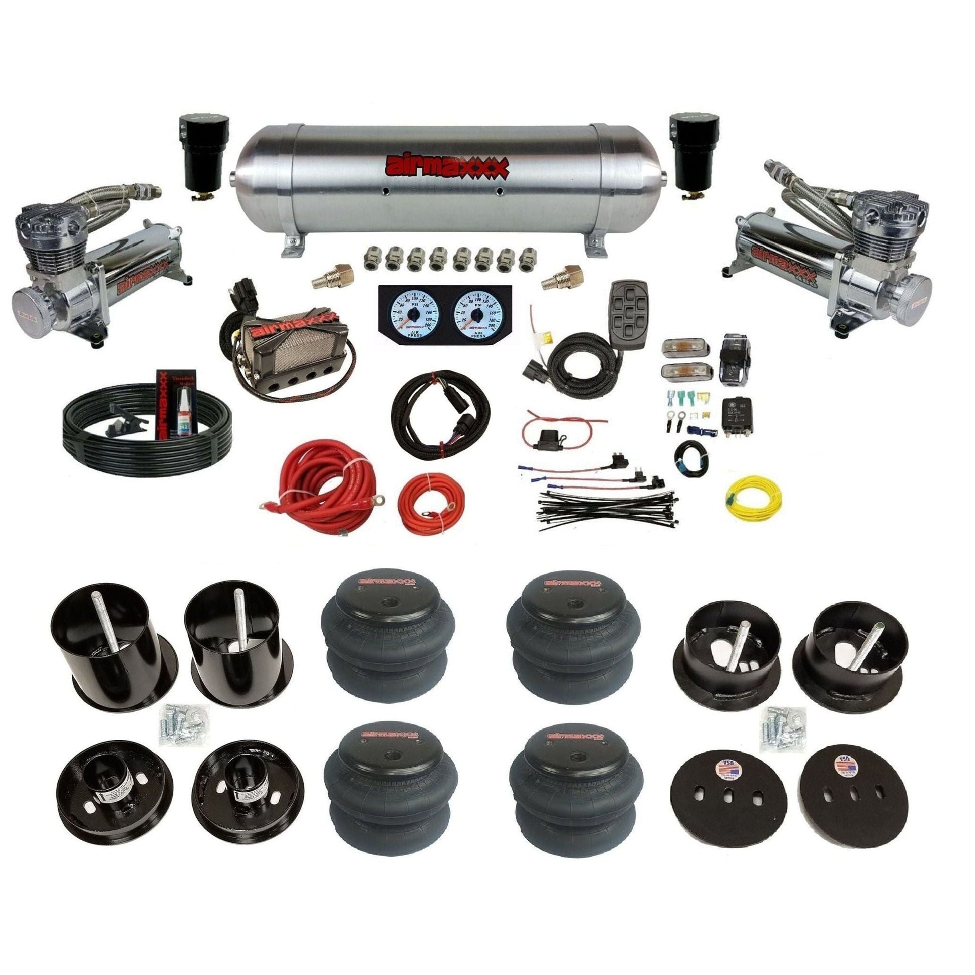 airmaxxx dual 480 chrome compressors with aluminum tank and 2600 bags fits 1963-64 Cadillac air ride suspension kit  KCAD63-480C2-57ARW-X4X7-WK-HF