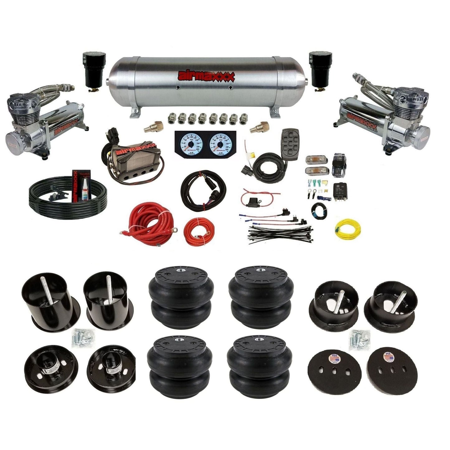 airmaxxx dual 480 chrome compressors with aluminum tank and Slam bags fits 1963-64 Cadillac air ride suspension kit KCAD63-480C2-57ARW-X4X7-WK-HFSS7