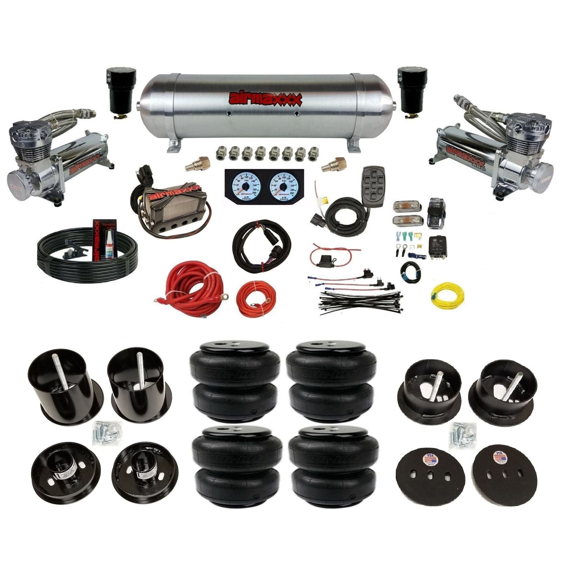 airmaxxx dual 480 chrome compressors with aluminum tank and air lift bags fits 1963-64 Cadillac air ride suspension kit KCAD63-480C2-57ARW-X4X7-WK-HFD25
