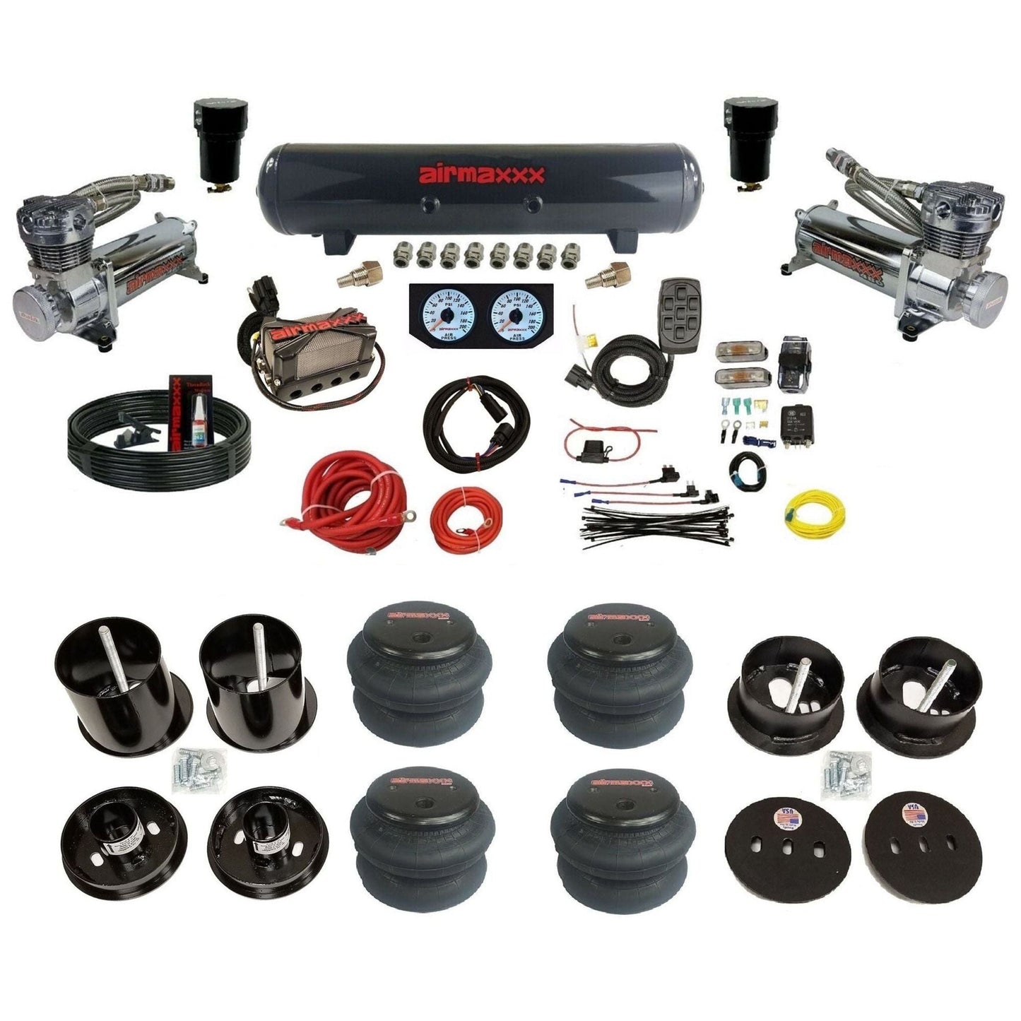 airmaxxx dual 480 chrome compressors with steel tank and 2600 bags fits 1963-64 Cadillac air ride suspension kit KCAD63-480C2-57S-X4X7-WK-HF