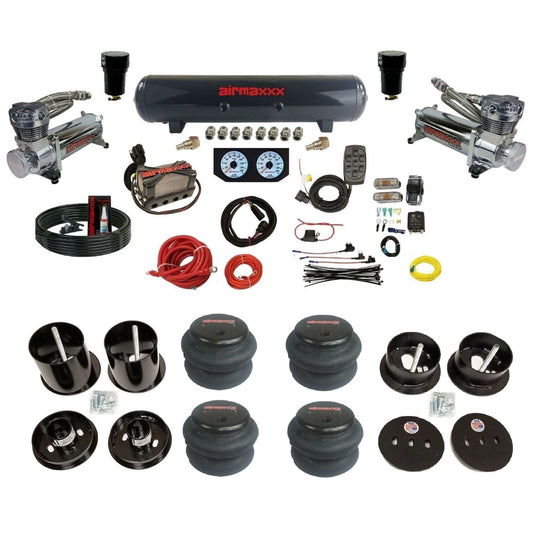 airmaxxx dual 480 chrome compressors with steel tank and 2600 bags fits 1963-64 Cadillac air ride suspension kit KCAD63-480C2-57S-X4X7-WK-HF