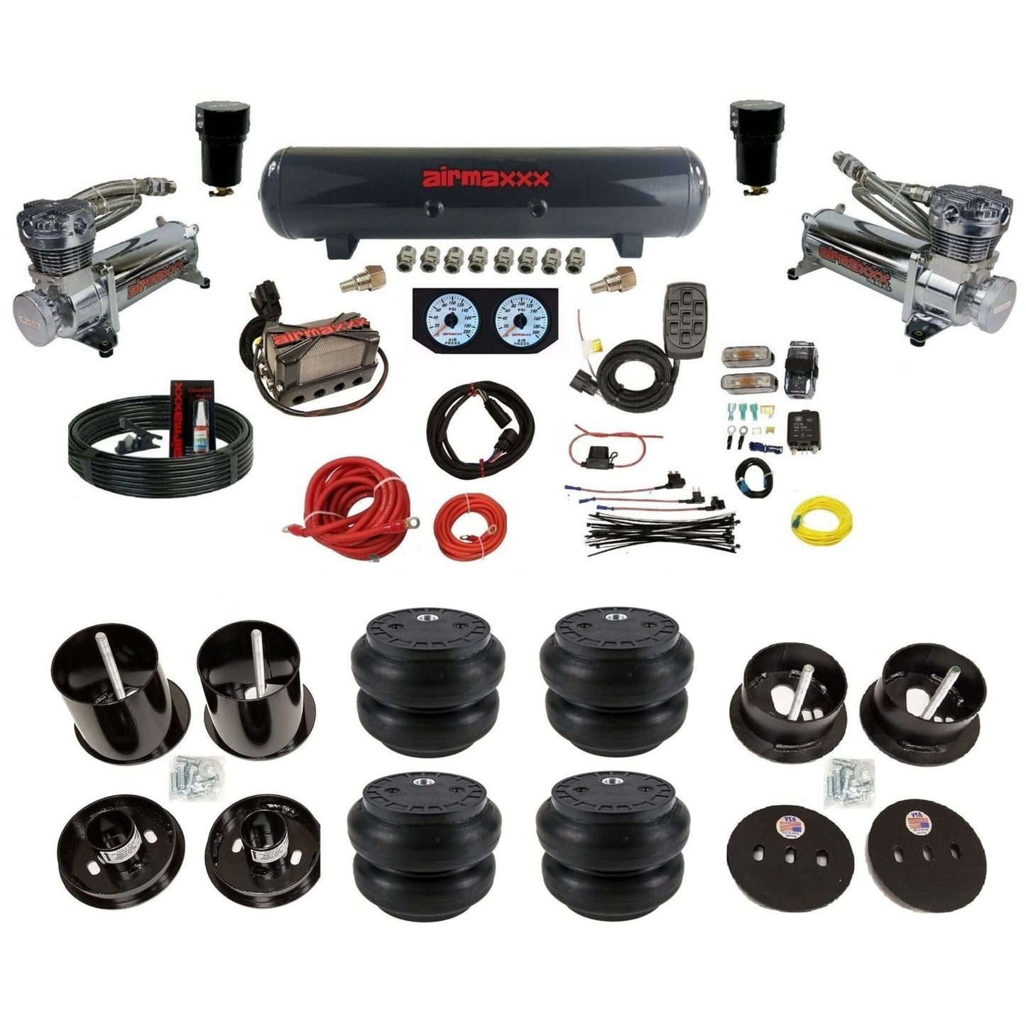 airmaxxx dual 480 chrome compressors with steel tank and Slam bags fits 1963-64 Cadillac air ride suspension kit KCAD63-480C2-57S-X4X7-WK-HFSS7