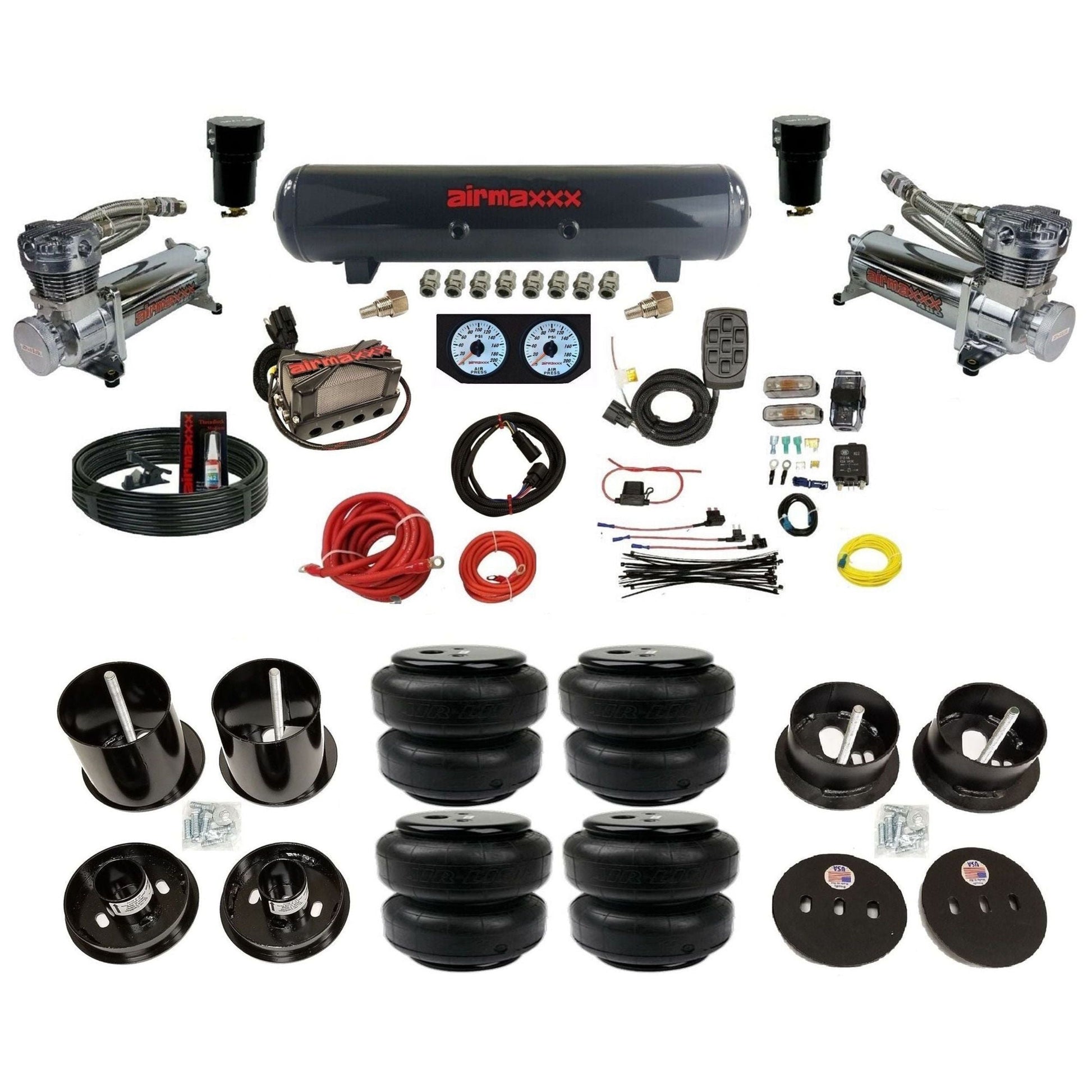airmaxxx dual 480 chrome compressors with steel tank and air lift bags fits 1963-64 Cadillac air ride suspension kit KCAD63-480C2-57S-X4X7-WK-HFD25