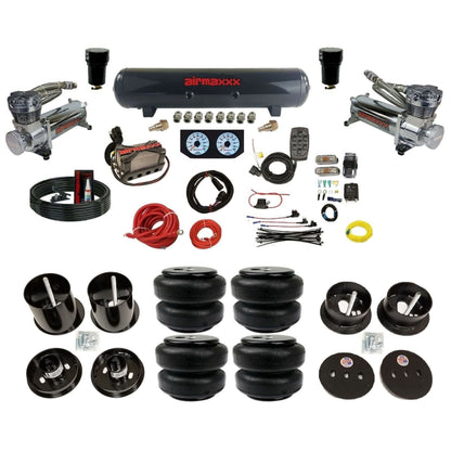 airmaxxx dual 480 chrome compressors with steel tank and air lift bags fits 1963-64 Cadillac air ride suspension kit KCAD63-480C2-57S-X4X7-WK-HFD25