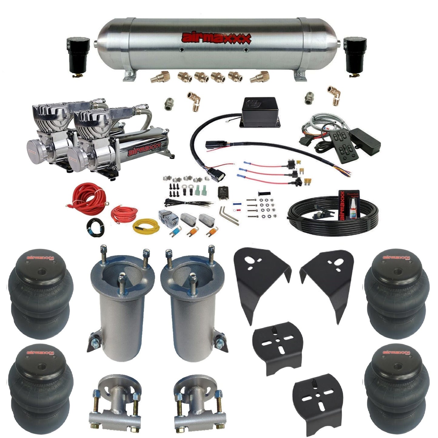 airmaxxx dual 580 chrome compressors raw aluminum tank 2600 bags & airmaxxx brackets air suspension kit for 2007-2018 silverado 1500 KGM07-580C2-57ARW-SV8CMC1-WK-HF