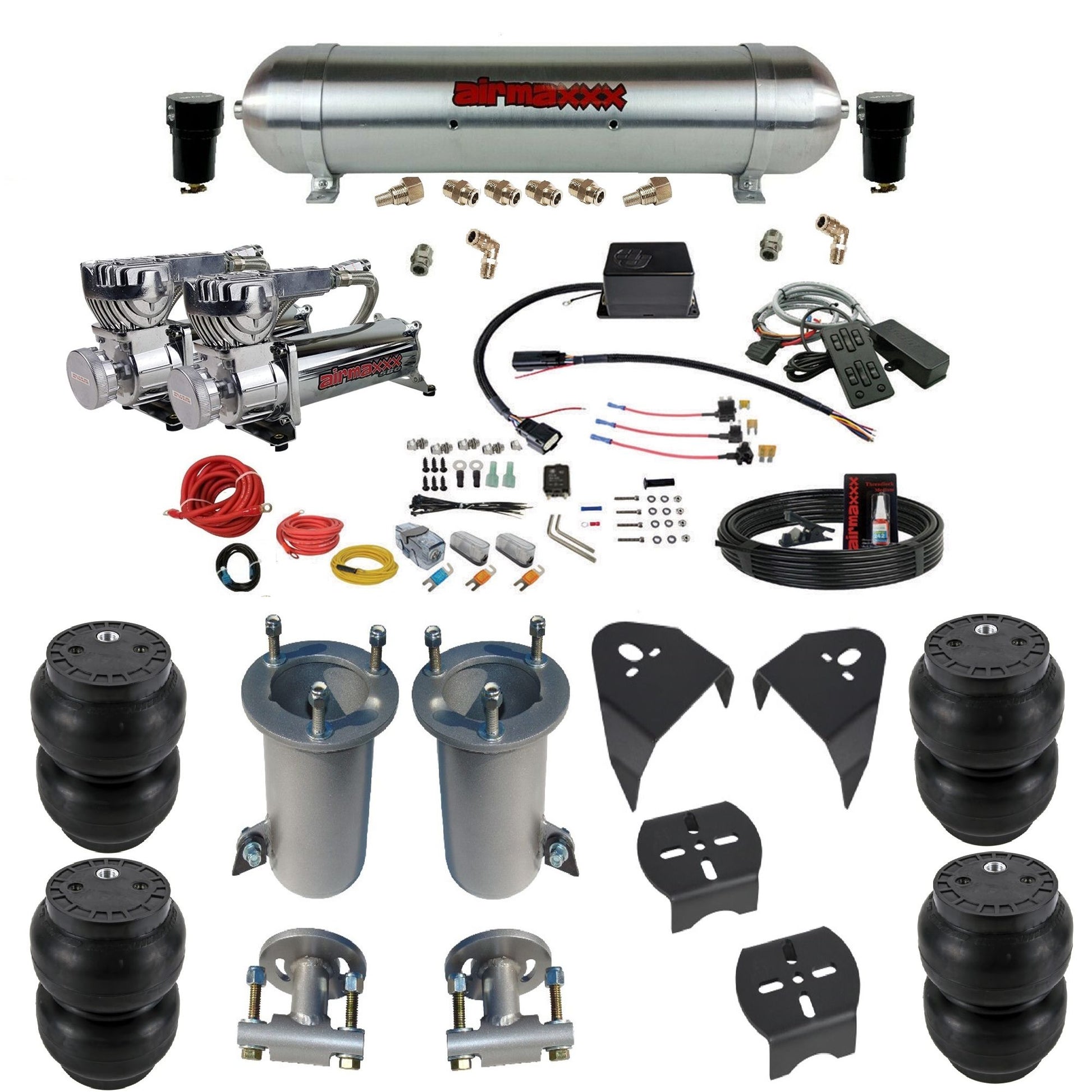 airmaxxx dual 580 chrome compressors raw aluminum tank slam bags & airmaxxx brackets air suspension kit for 2007-2018 silverado 1500 KGM07-580C2-57ARW-SV8CMC1-WK-HFSS7