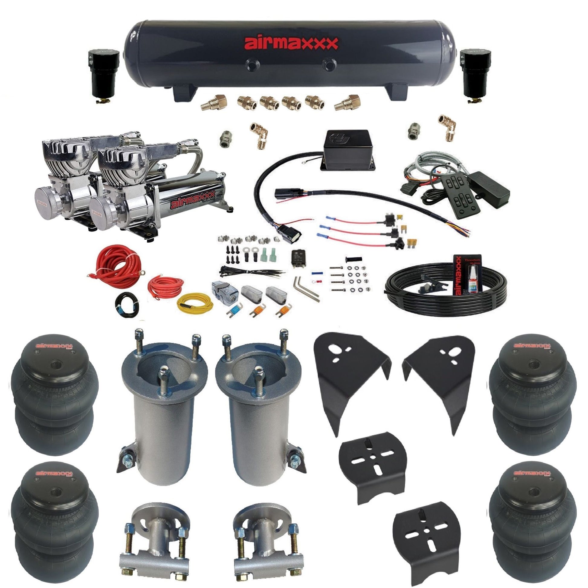 airmaxxx dual 580 chrome compressors steel tank 2600 bags & airmaxxx brackets air suspension kit for 2007-2018 silverado 1500