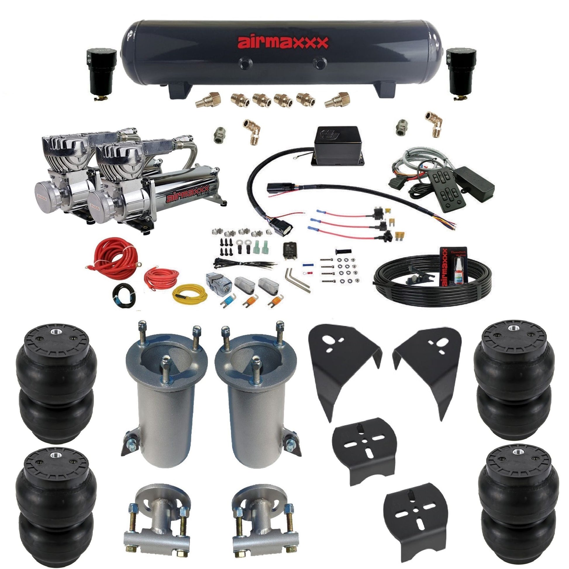 airmaxxx dual 580 chrome compressors steel tank slam bags & airmaxxx brackets air suspension kit for 2007-2018 silverado 1500 KGM07-580C2-57S-SV8CMC1-WK-HFSS7