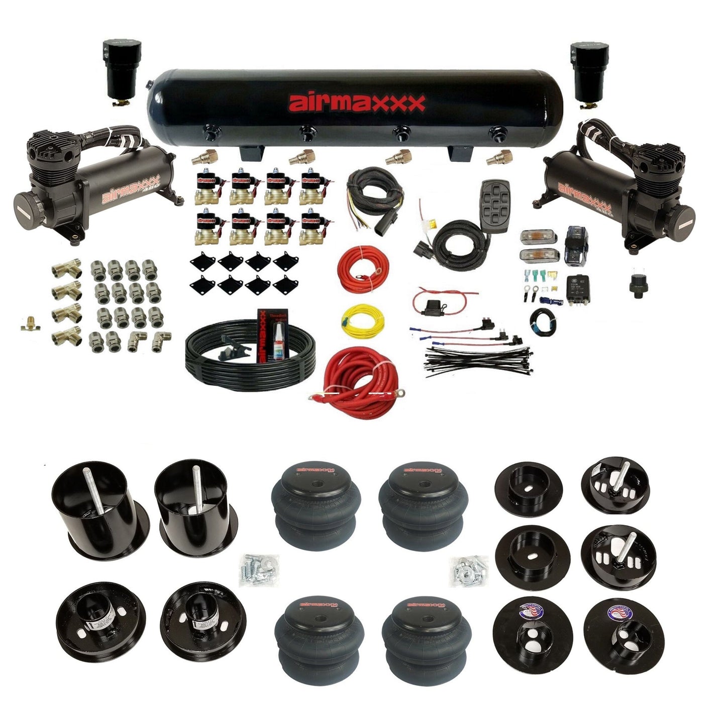 airmaxxx dual black 480 compressors with 5 gallon steel air tank 2600 bags and brackets for install KCAD65-480B2-838-59S-7BK-WK-HF