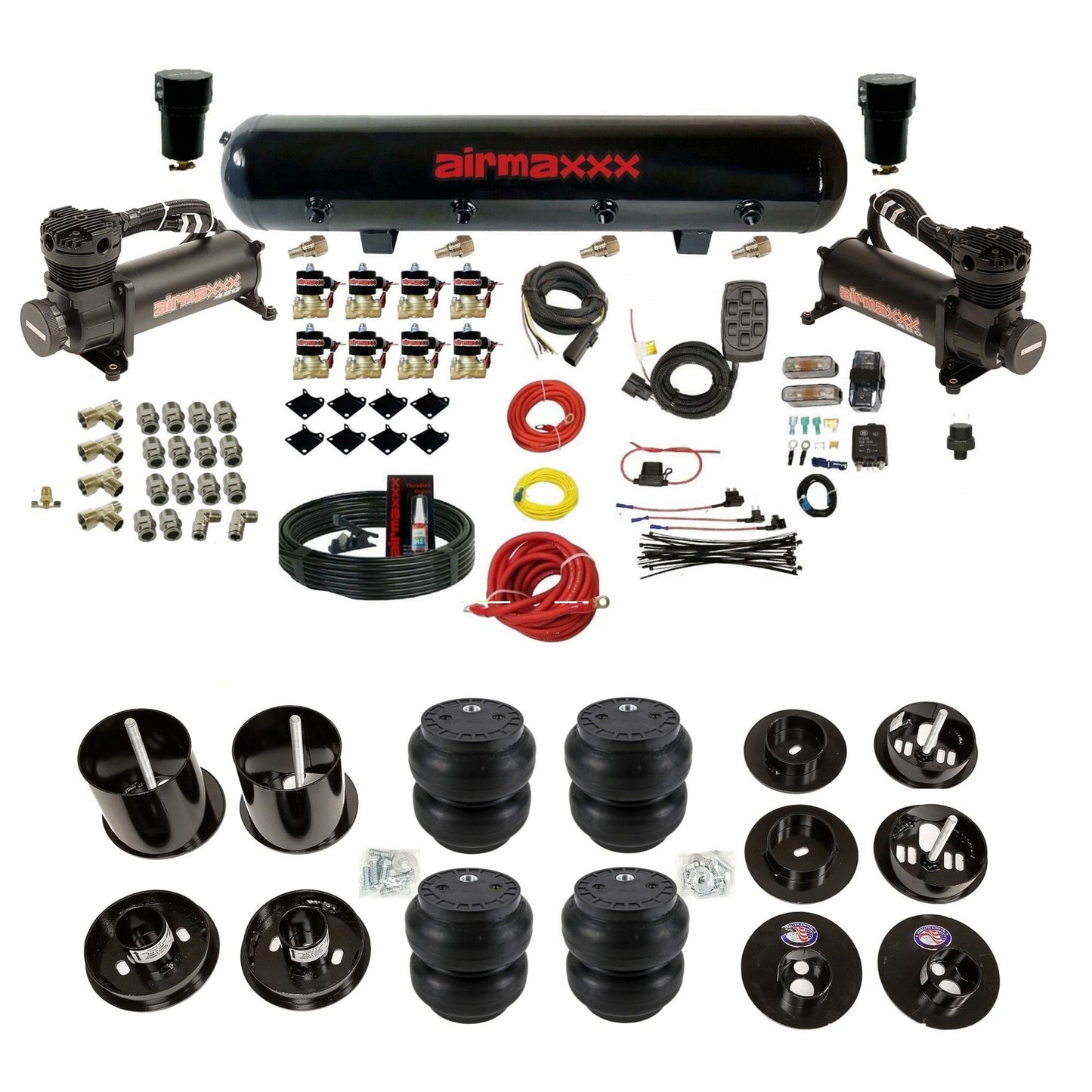 airmaxxx dual black 480 compressors with 5 gallon steel air tank Slam bags and brackets for install KCAD65-480B2-838-59S-7BK-WK-HFSS7