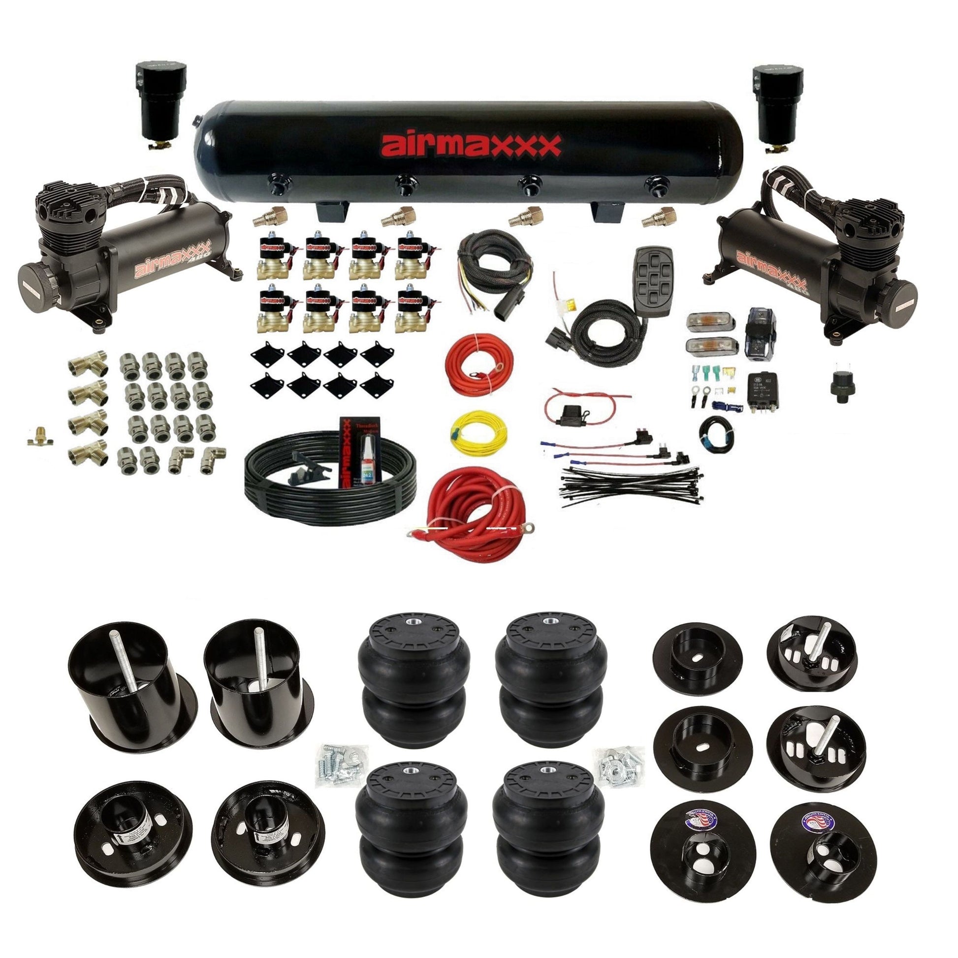 airmaxxx dual black 480 compressors with 5 gallon steel air tank Slam bags and brackets for install KCAD65-480B2-838-59S-7BK-WK-HFSS7