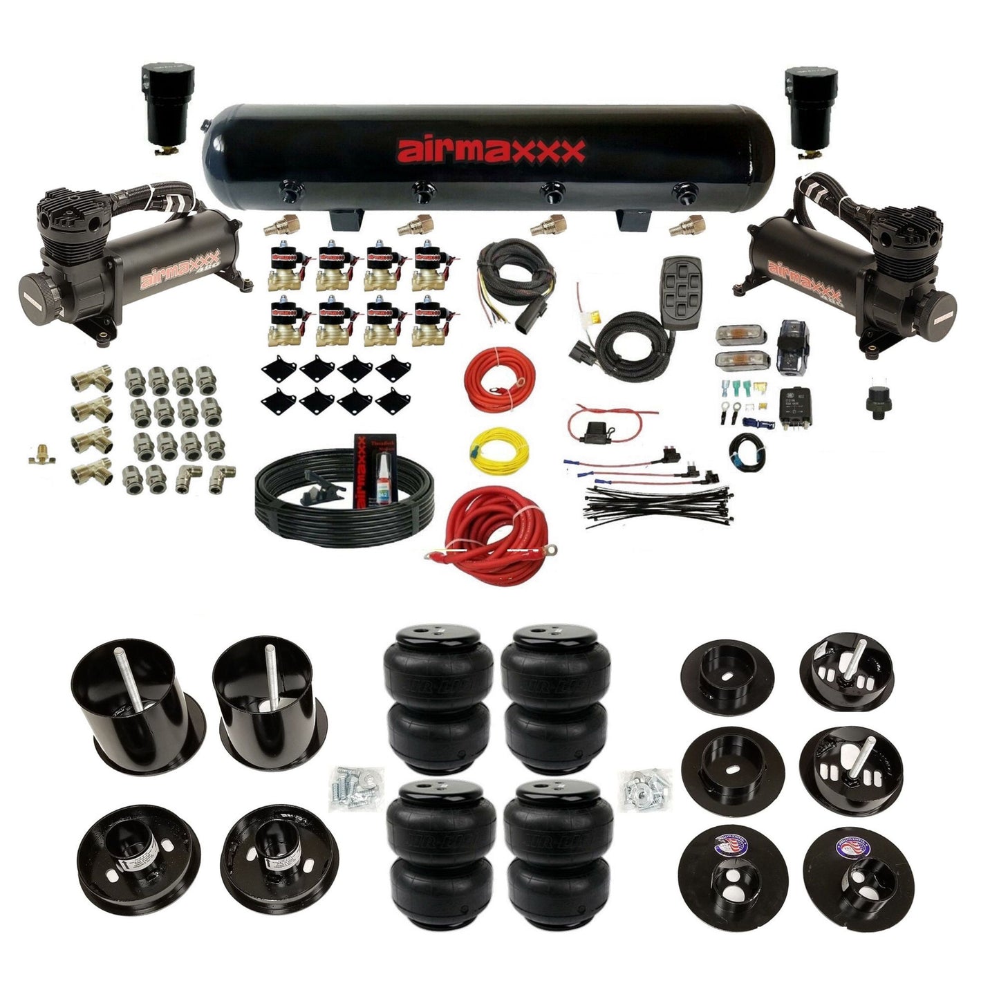 airmaxxx dual black 480 compressors with 5 gallon steel air tank air lift bags and brackets for install KCAD65-480B2-838-59S-7BK-WK-HFD25