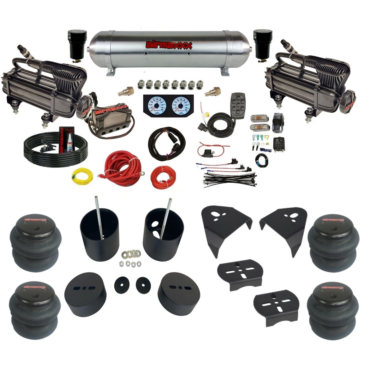 airmaxxx dual x-series air compressors aluminum tank X4 manifold w/2500 bags & brackets KGM99-XB2-57ARW-X4X7-WK-HF