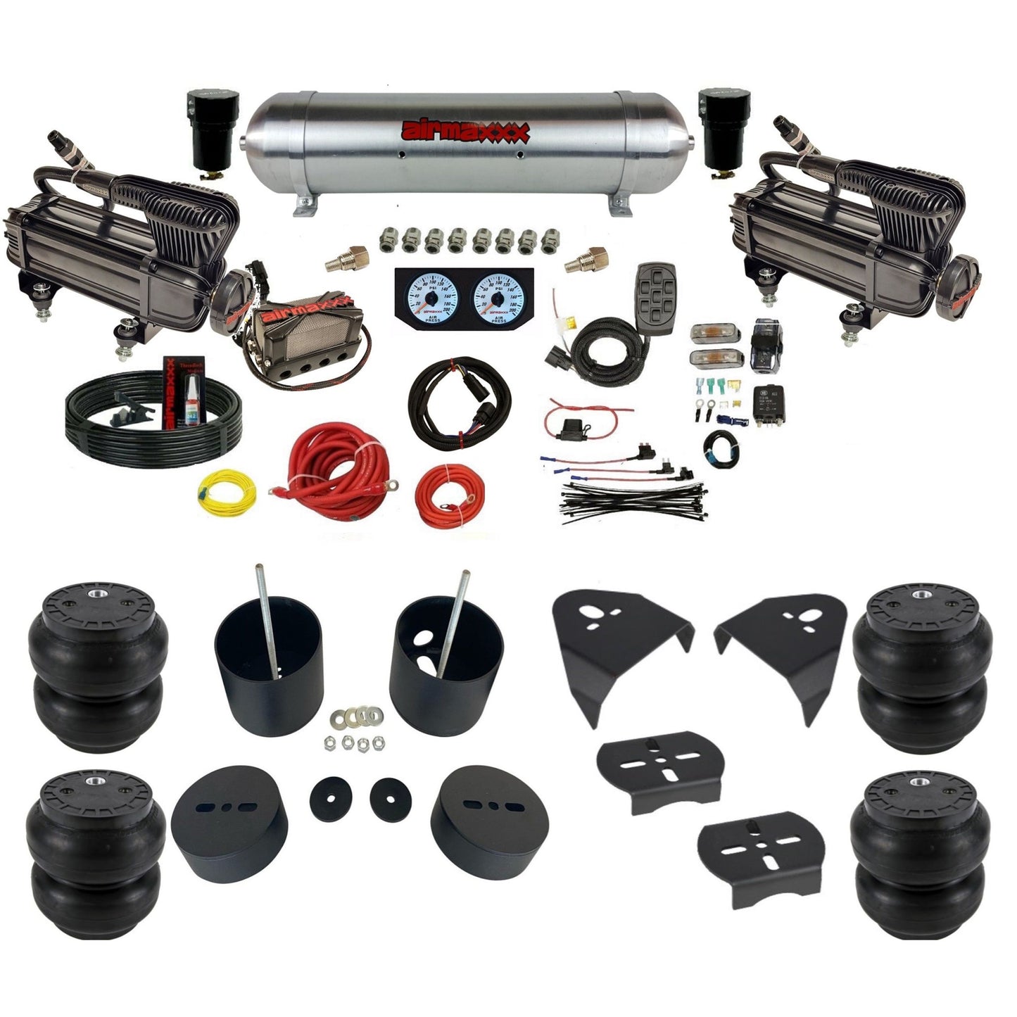 airmaxxx dual x-series air compressors aluminum tank X4 manifold w/Slam bags & brackets KGM99-XB2-57ARW-X4X7-WK-HFSS7