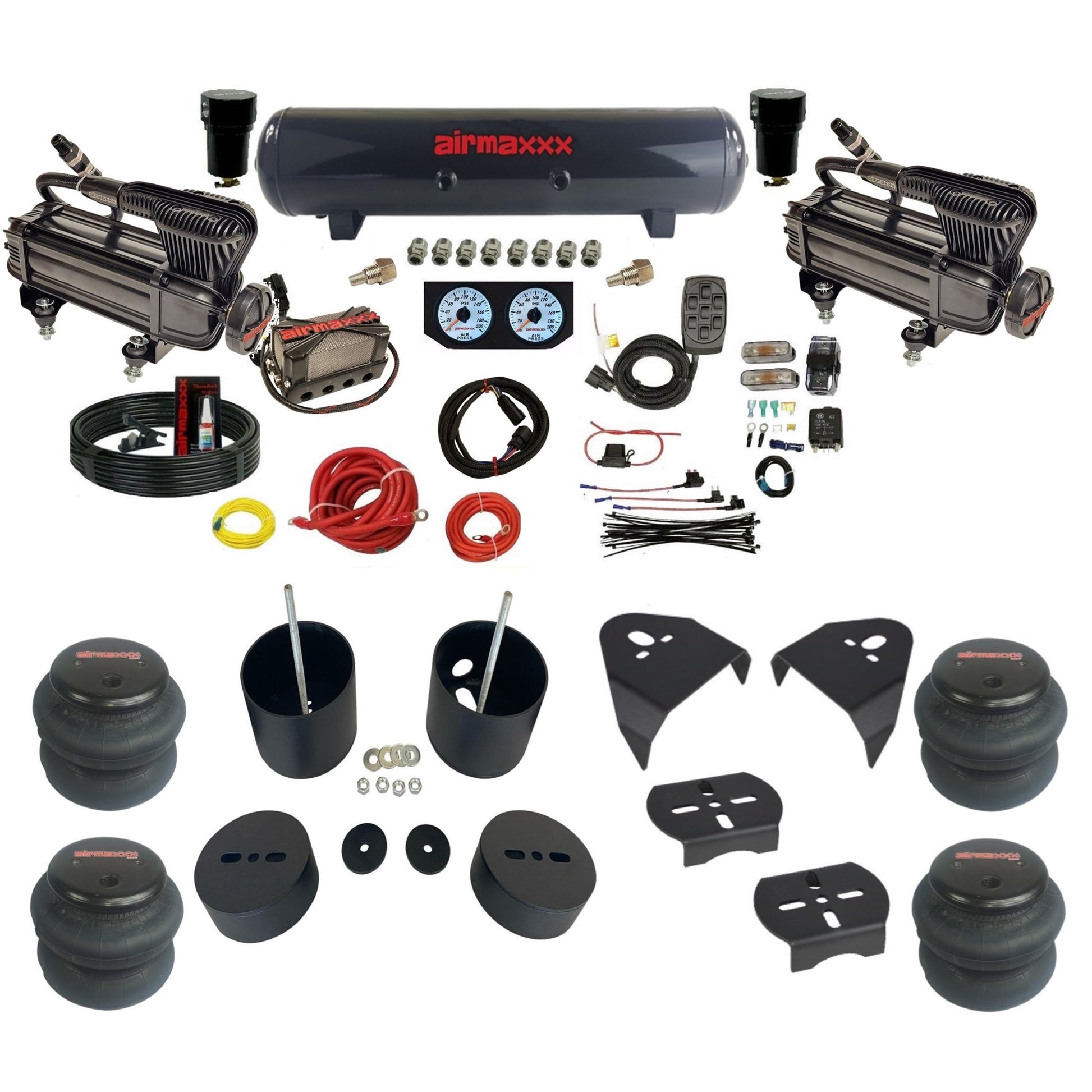 airmaxxx dual x-series air compressors steel tank X4 manifold w/2500 bags & brackets KGM99-XB2-57S-X4X7-WK-HF