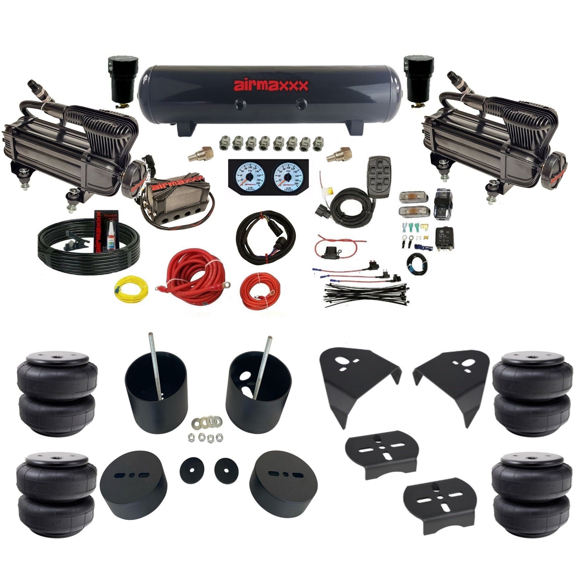 airmaxxx dual x-series air compressors steel tank X4 manifold w/Air Lift bags & brackets KGM99-XB2-57S-X4X7-WK-HFD26