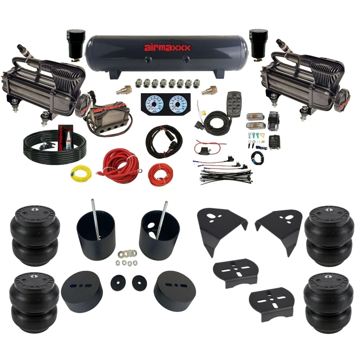 airmaxxx dual x-series air compressors steel tank X4 manifold w/Slam bags & brackets KGM99-XB2-57S-X4X7-WK-HFSS7