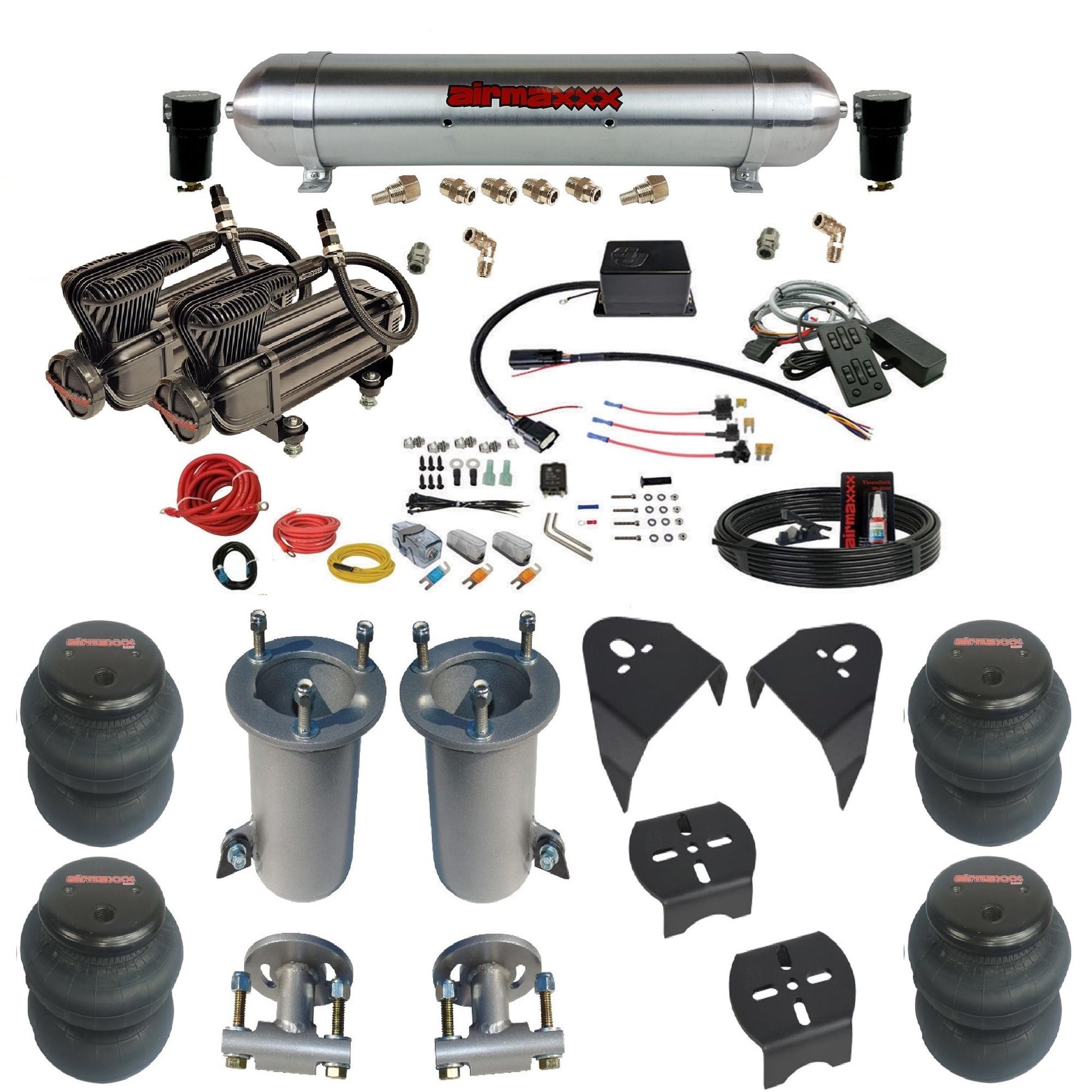airmaxxx dual x-series compressors raw aluminum tank 2600 bags & airmaxxx brackets air suspension kit for 2007-2018 silverado 1500 KGM07-XB2-57ARW-SV8CMC1-WK-HF