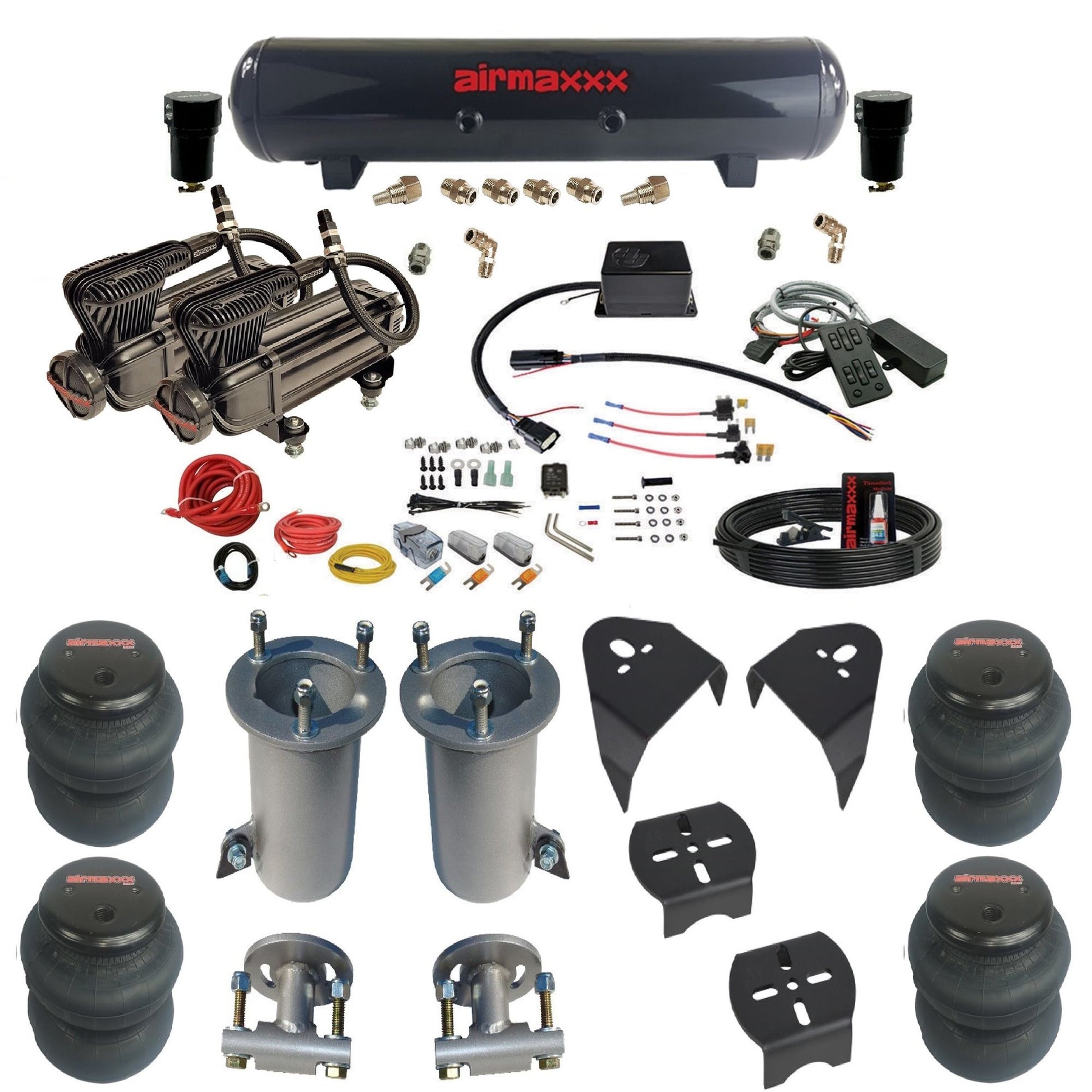 airmaxxx dual x-series compressors steel tank 2600 bags & airmaxxx brackets air suspension kit for 2007-2018 silverado 1500 KGM07-XB2-57S-SV8CMC1-WK-HF