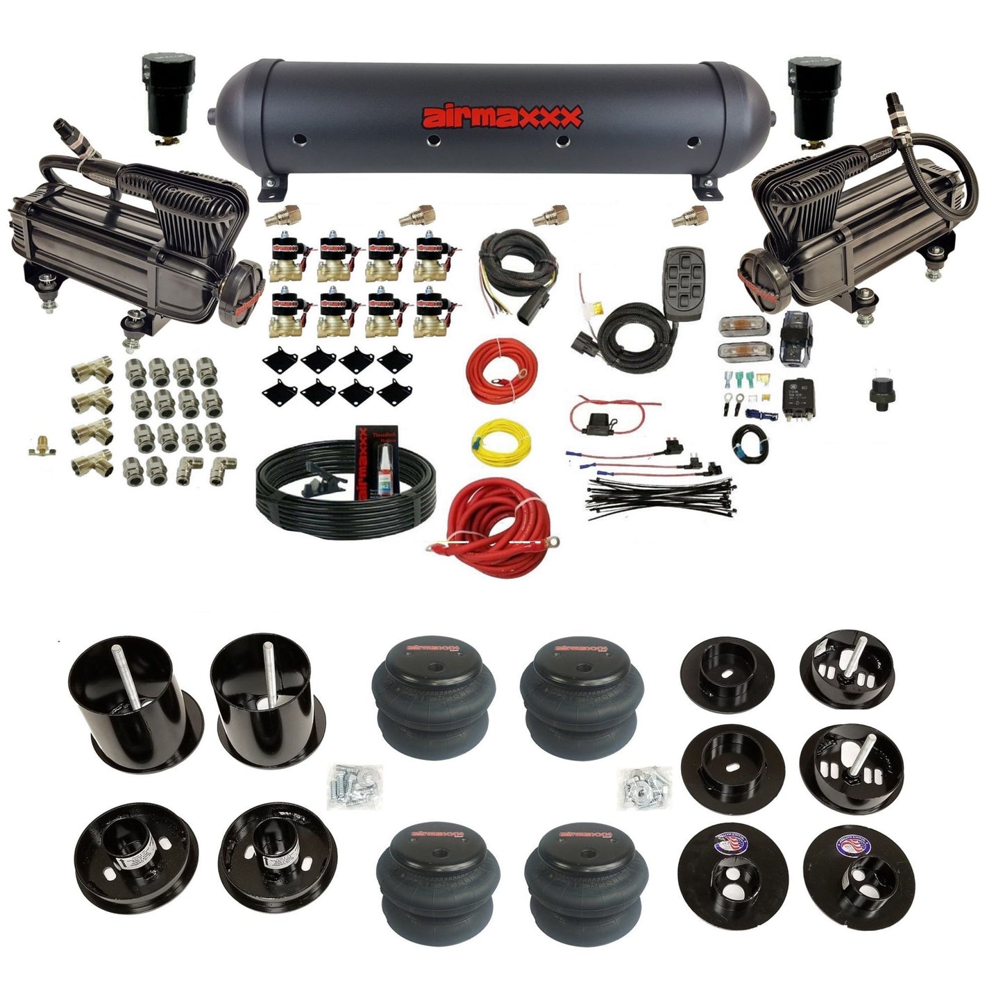 airmaxxx dual x-series compressors with 5 gallon aluminum air tank 2600 bags and brackets for install KCAD65-XB2-838-59ABK-7BK-WK-HF