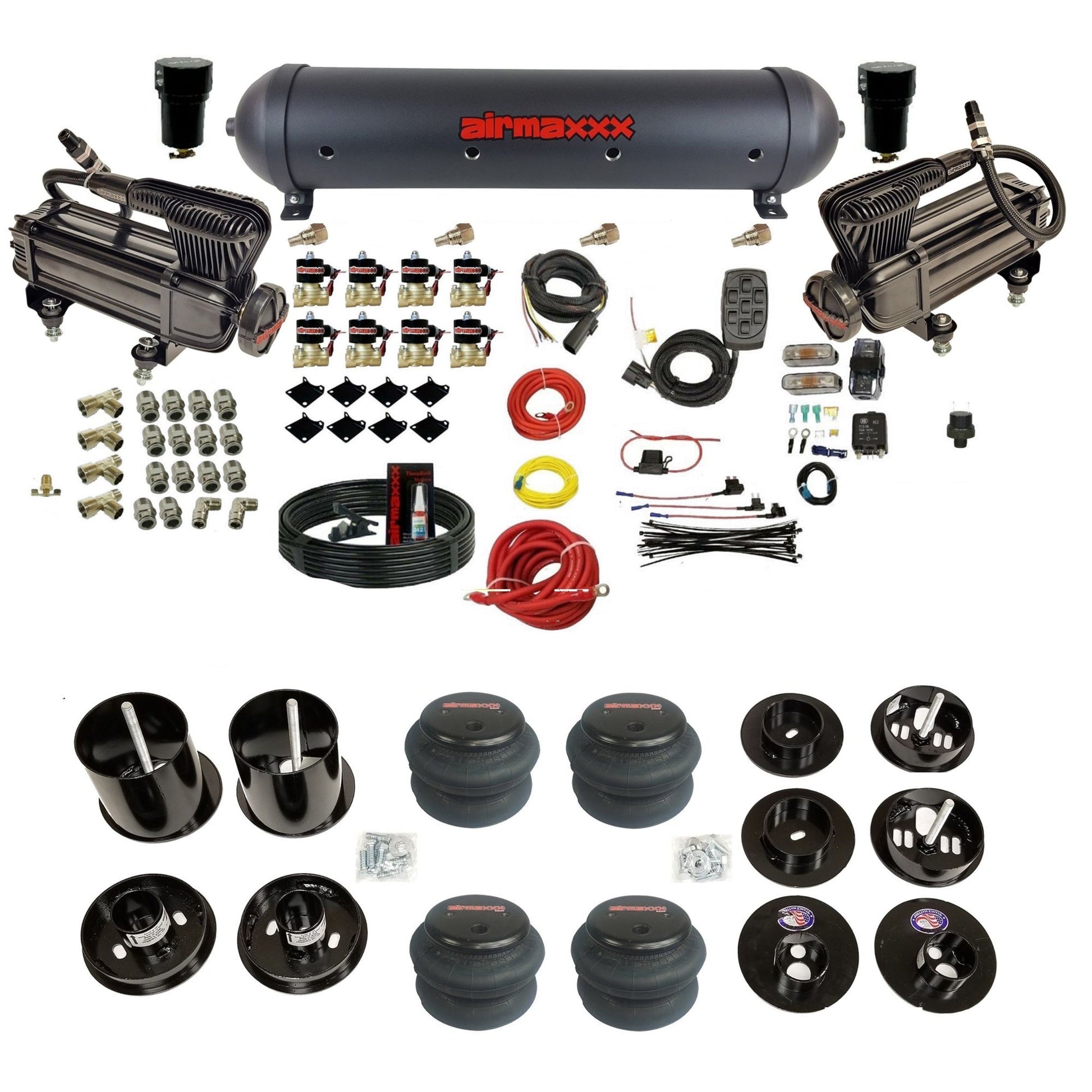 airmaxxx dual x-series compressors with 5 gallon aluminum air tank 2600 bags and brackets for install KCAD65-XB2-838-59ABK-7BK-WK-HF