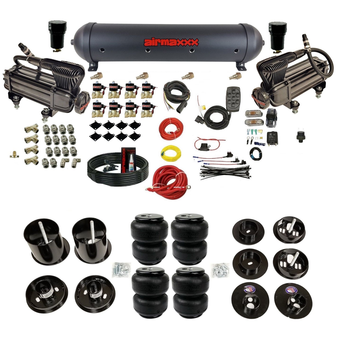 airmaxxx dual x-series compressors with 5 gallon aluminum air tank Air Lift bags and brackets for install KCAD65-XB2-838-59ABK-7BK-WK-HFD25