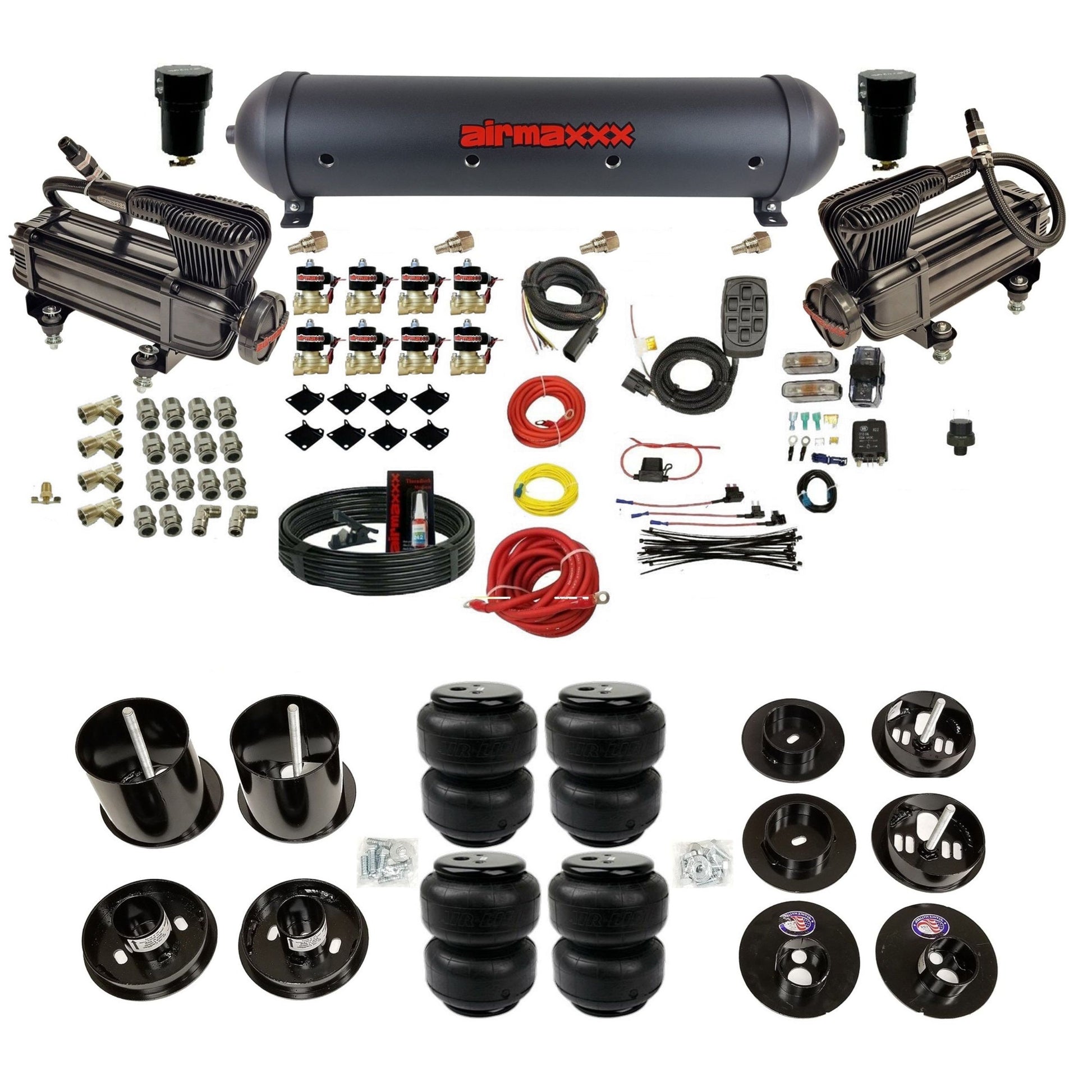 airmaxxx dual x-series compressors with 5 gallon aluminum air tank Air Lift bags and brackets for install KCAD65-XB2-838-59ABK-7BK-WK-HFD25