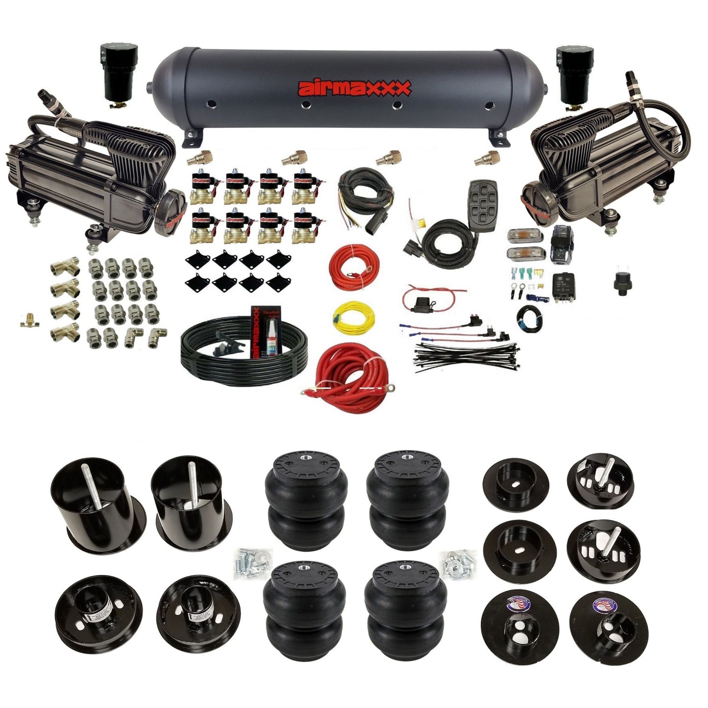 airmaxxx dual x-series compressors with 5 gallon aluminum air tank Slam bags and brackets for install KCAD65-XB2-838-59ABK-7BK-WK-HFSS7